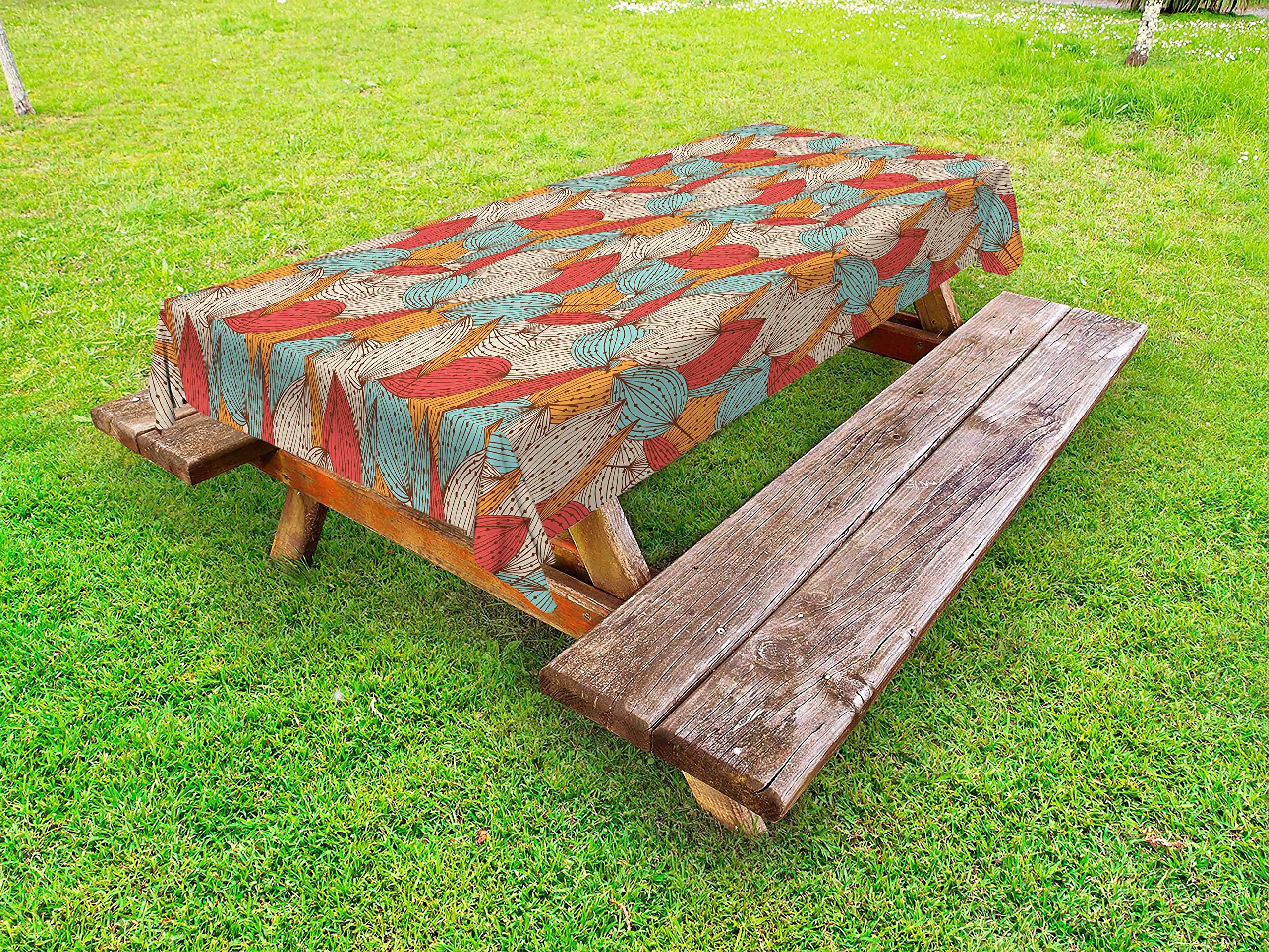 Ambesonne Autumn Outdoor Tablecloth - Doodle Art Style with Retro Leaf Motifs, Washable Picnic Table Cover 58