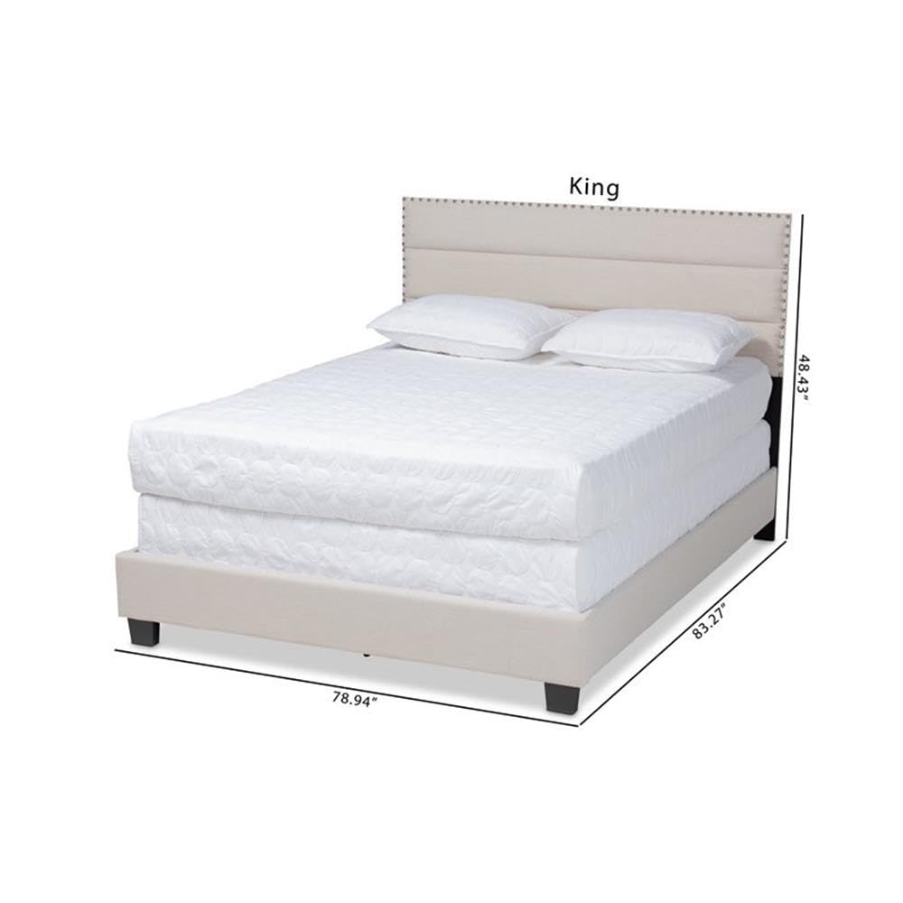 BOWERY HILL Queen Size Beige Fabric Upholstered Bed Frame with Wooden Slats - Modern Upholstered Platform Bed for Bedroom, Guest Room & Master Suite
