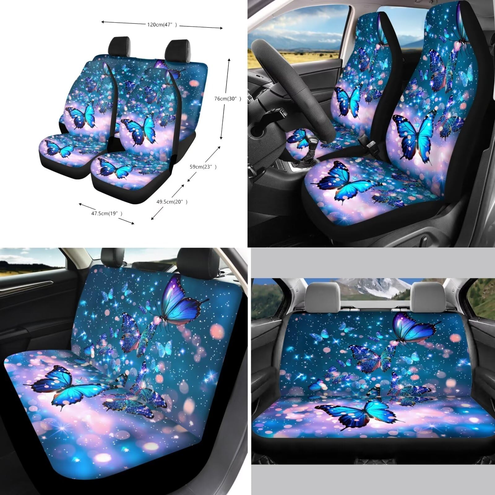 Xoenoiee 11-Piece Blue Sparkling Butterfly Car Accessories Set - Front & Back Seat Covers, Steering Wheel Cover, Car Coasters, Seat Belt Pads & Keychain | Luxury Car Interior Decor for Women, Gift Idea for Car Lovers (Perfect for Sedans, SUVs & Daily Commute)