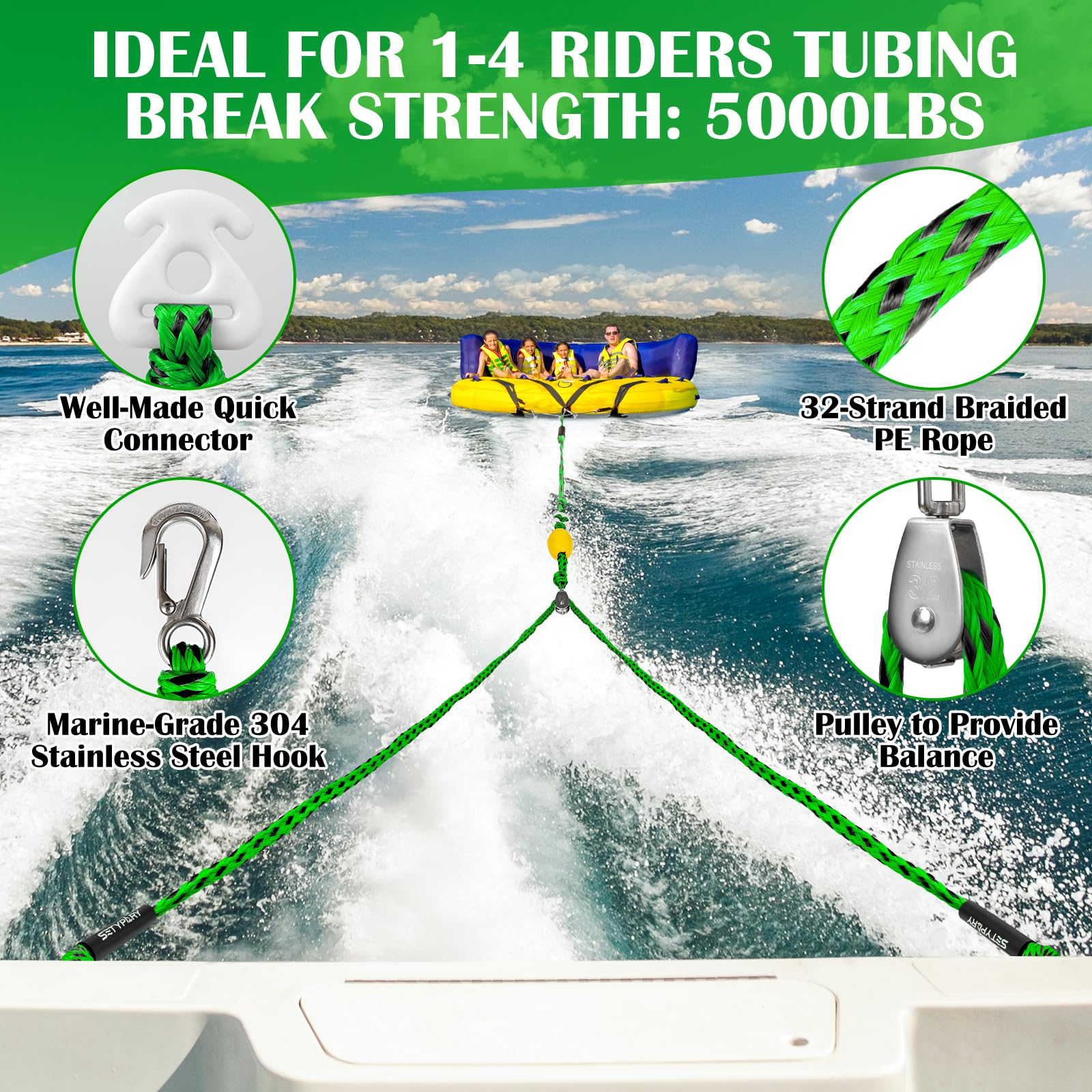 Best Self-Centering Boat Tow Harness for Tubing – Heavy Duty Tow Rope for 1-4 Riders, Floating Water Sports Towable Tube Accessories – Perfect for Lake, River & Ocean Adventures