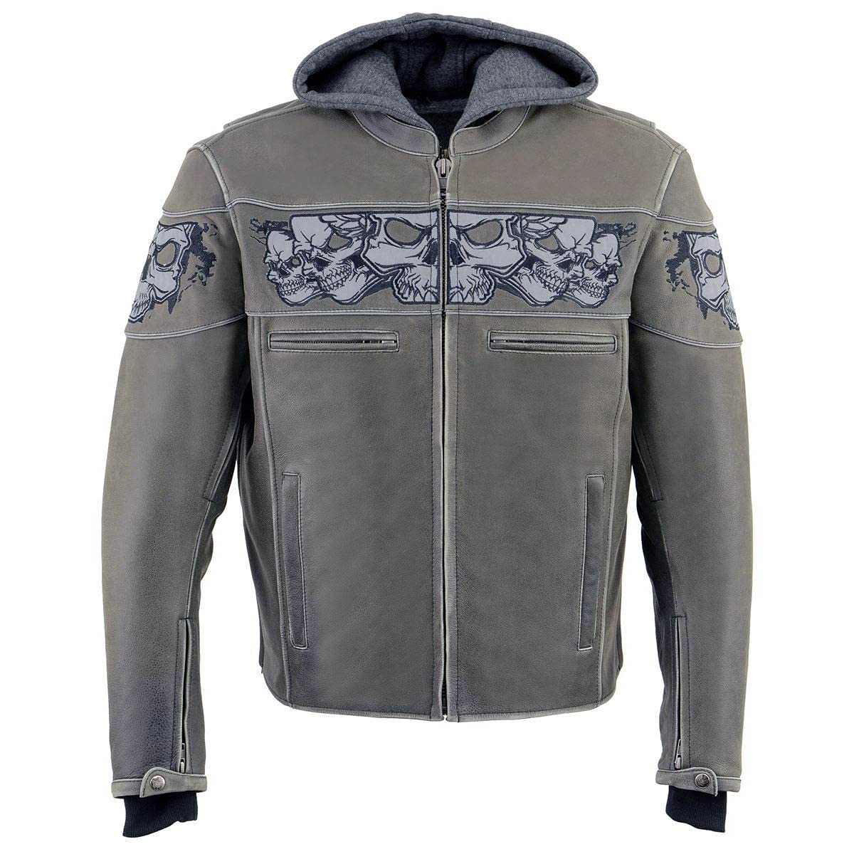 Milwaukee Leather MLM1562 Men's Distressed Grey Biker Jacket with Reflective Skull Design | Motorcycle Riding, Casual Wear & Outdoor Adventure