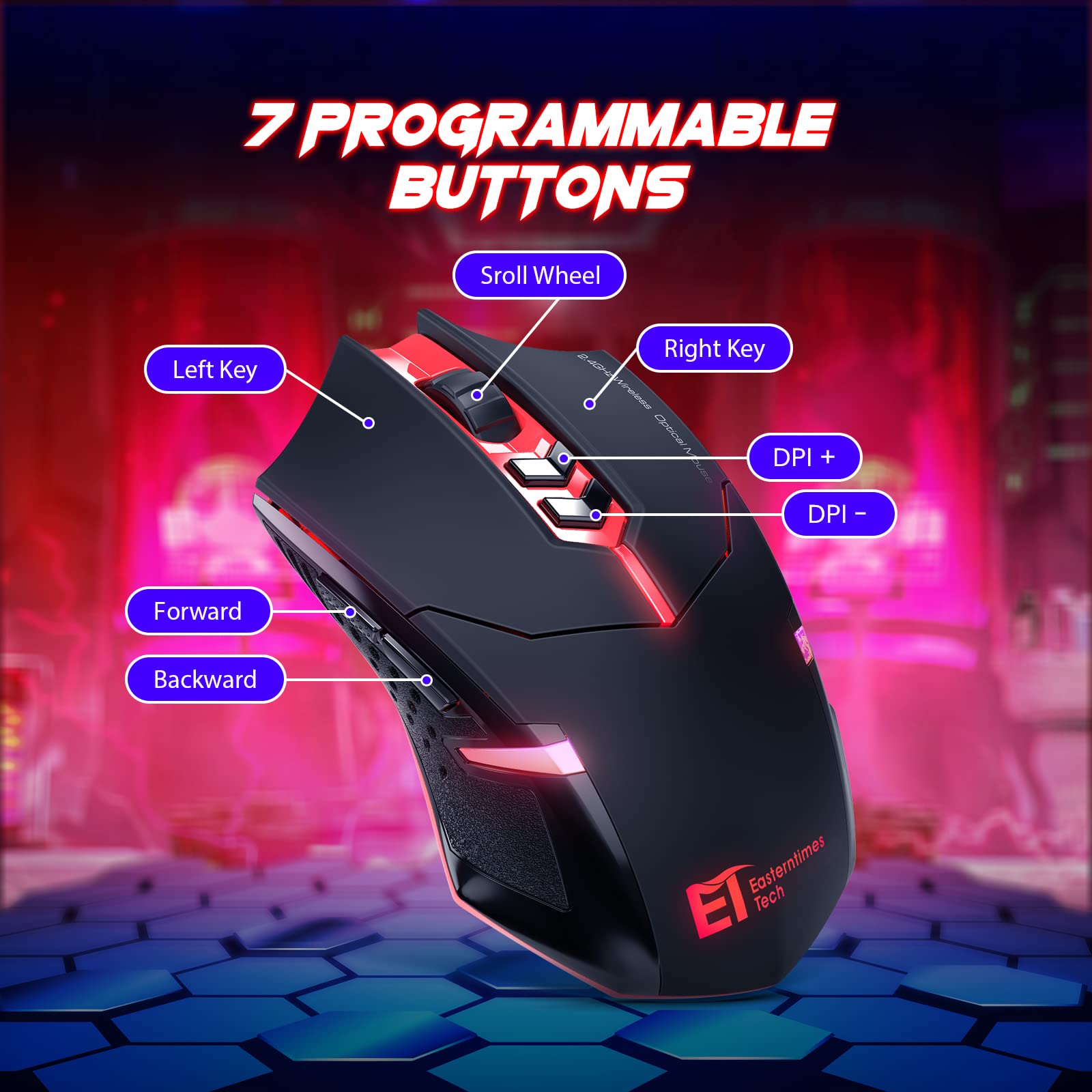 T-DAGGER Wireless Gaming Mouse - Ergonomic USB Cordless PC Mouse with Red LED Backlit, 7 Silent Buttons & 5 Adjustable DPI for PC/Laptop - Perfect for Gaming, Office Work & Home Use