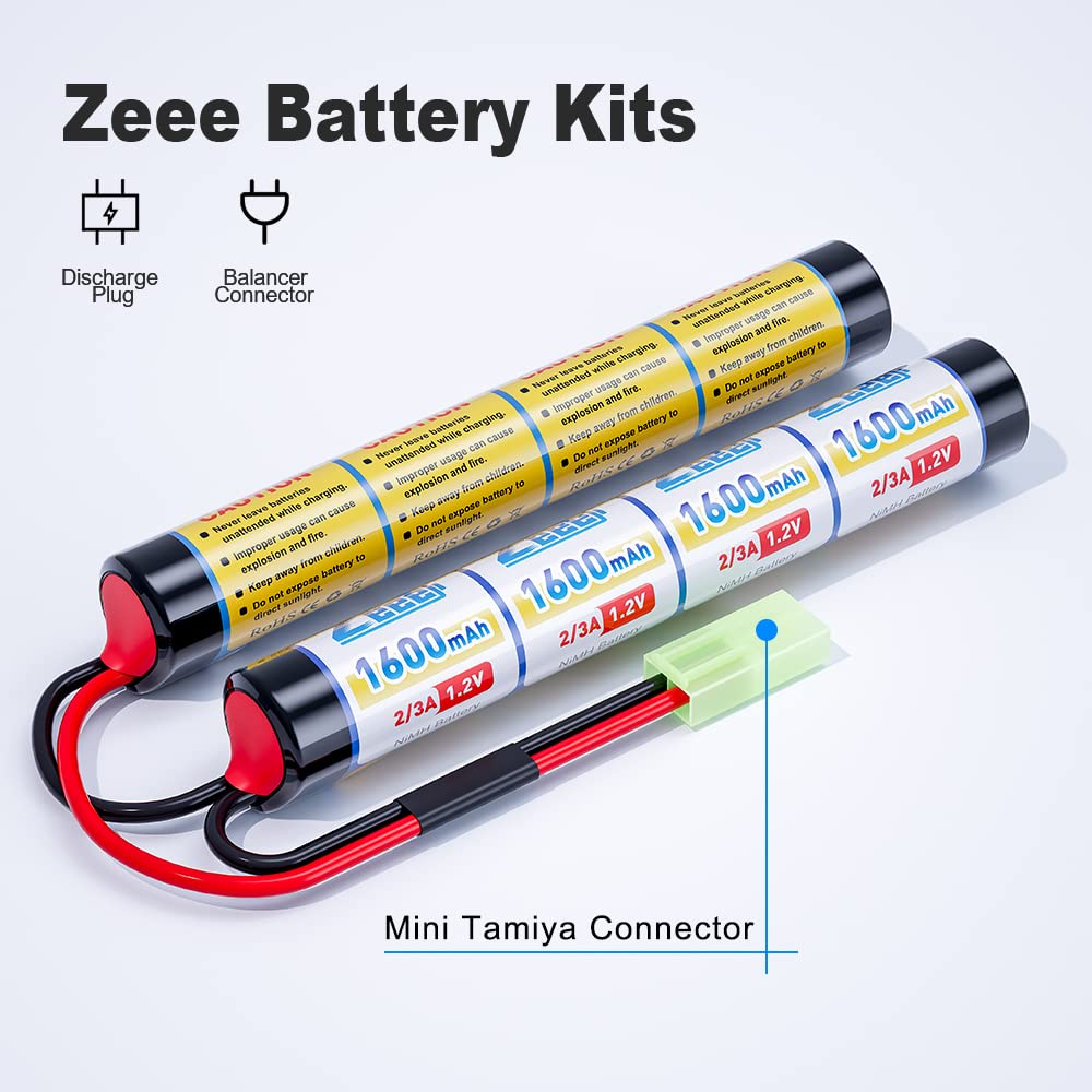 Zeee 9.6V 1600mAh NiMH Airsoft Battery with Mini Tamiya Plug (2 Pack) - Perfect for RC Guns & Airsoft Battles
