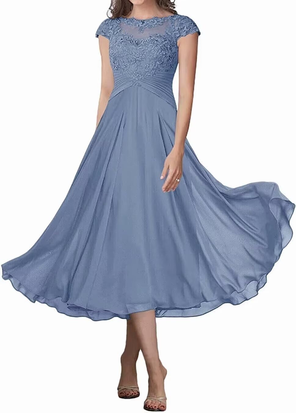 Elegant Tea-Length Mother of the Bride Dresses with Lace Cap Sleeves - Formal Wedding, Evening Party & Prom Gowns for Women - Perfect for Church Ceremonies, Cocktail Receptions & Special Occasions