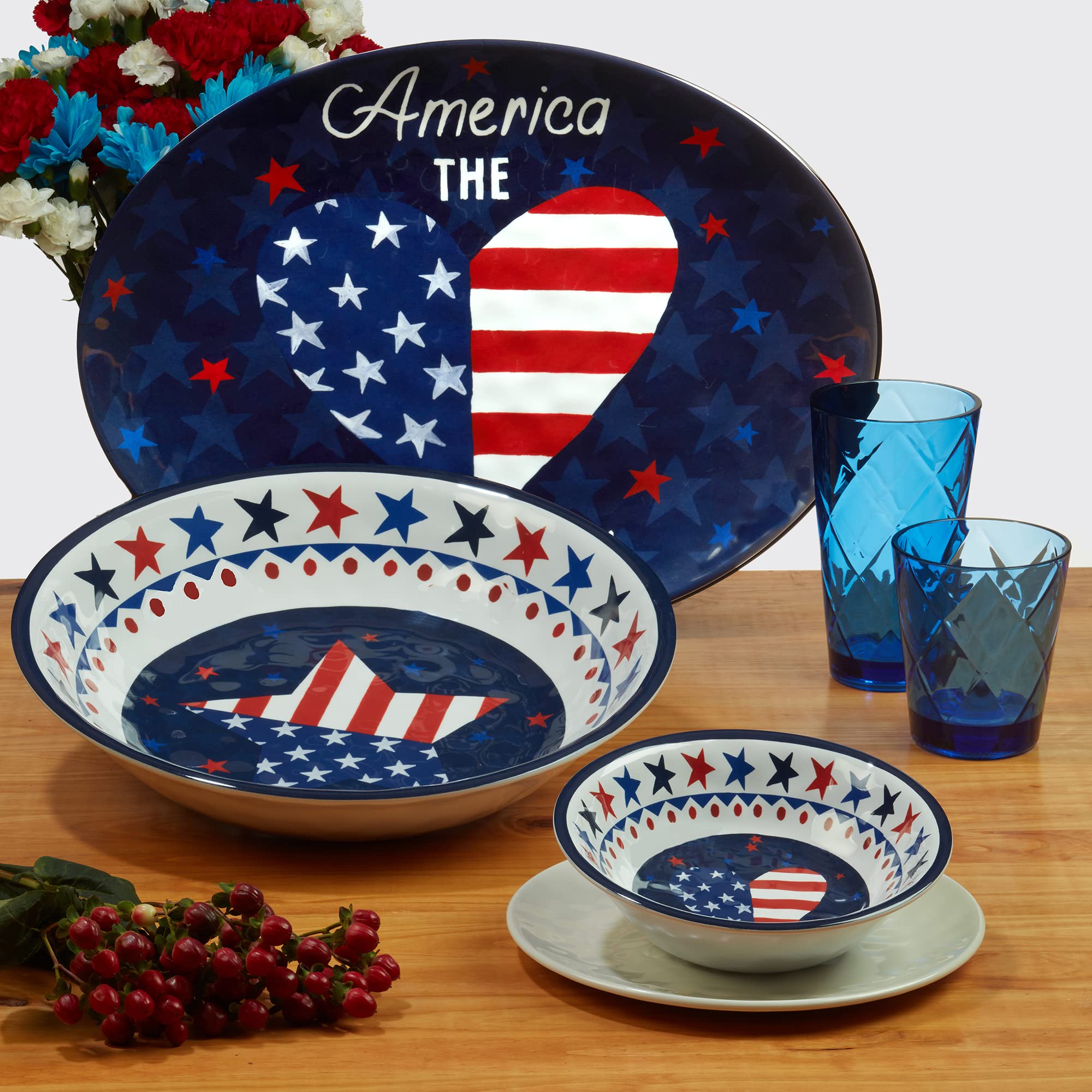 Certified International Stars & Stripes 12-Piece Melamine Dinnerware Set - Service for 4, Durable & Colorful Plates, Bowls & Mugs - Perfect for Outdoor Dining, Picnics & Patriotic Parties