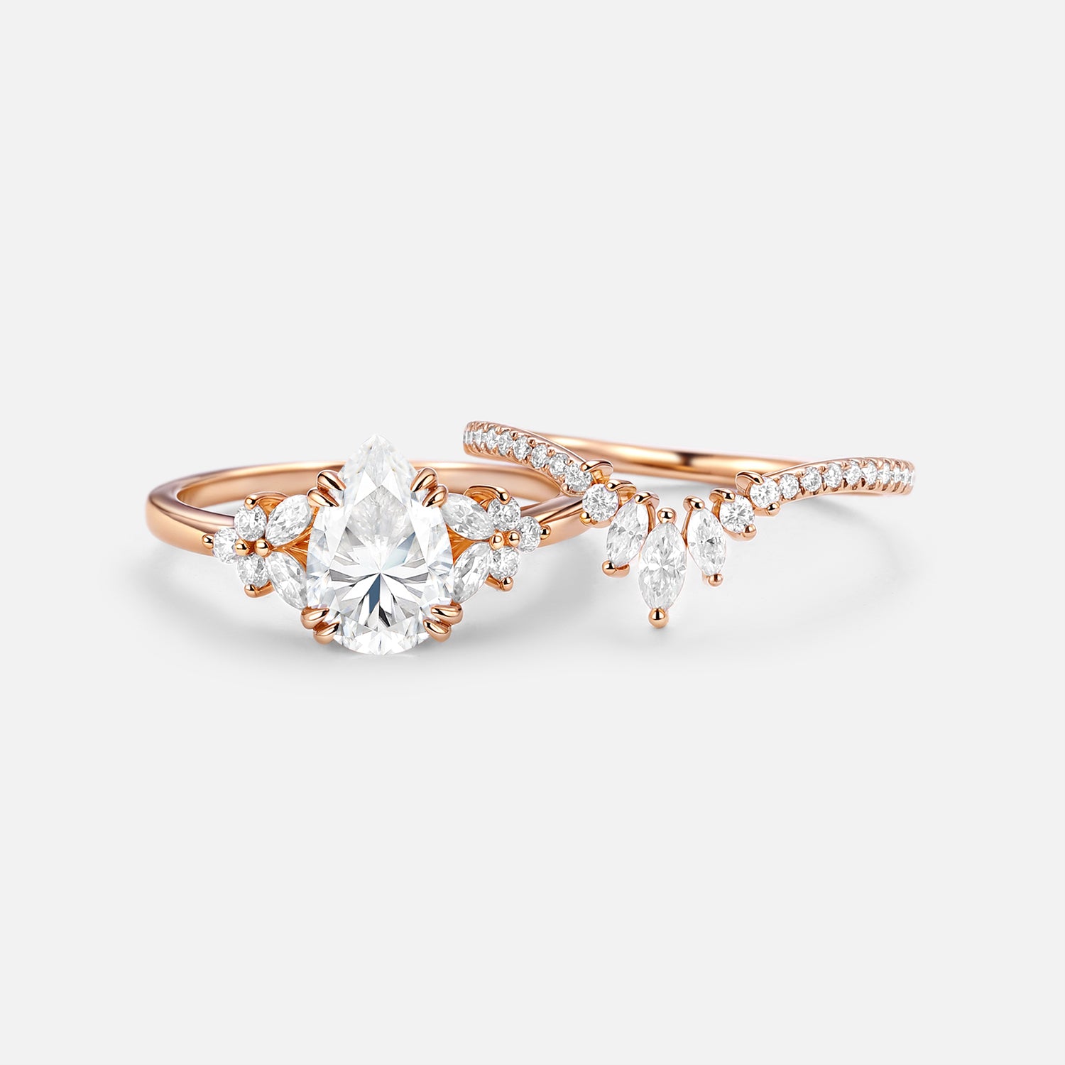Cluster Pear Shaped Moissanite Chevron Gold Ring Set - 2 Piece Wedding Bridal Jewelry for Engagement, Anniversary & Special Occasions