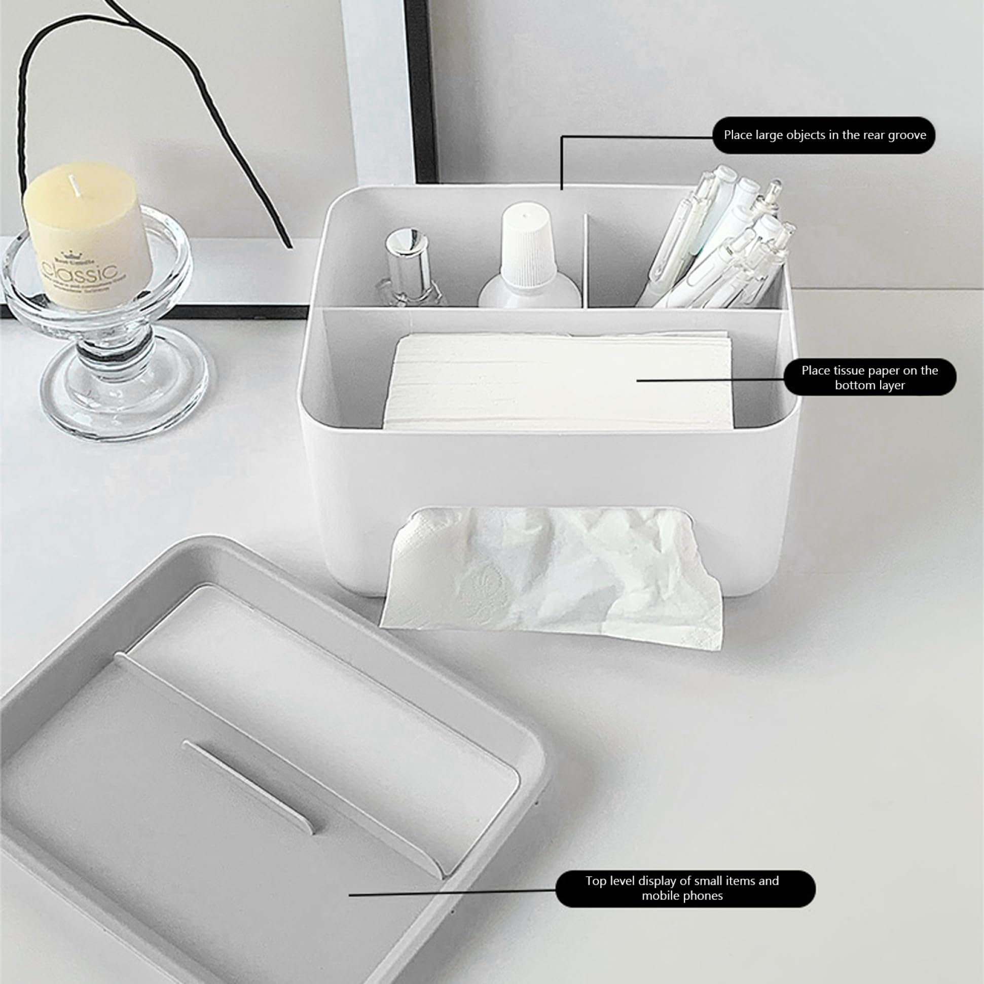 8.3x6.3x4.9 Inch Minimalist Tissue Box Holder with Remote Control & Key Organizer - Stylish Rectangle Desk Organizer for Home, Office & Living Room
