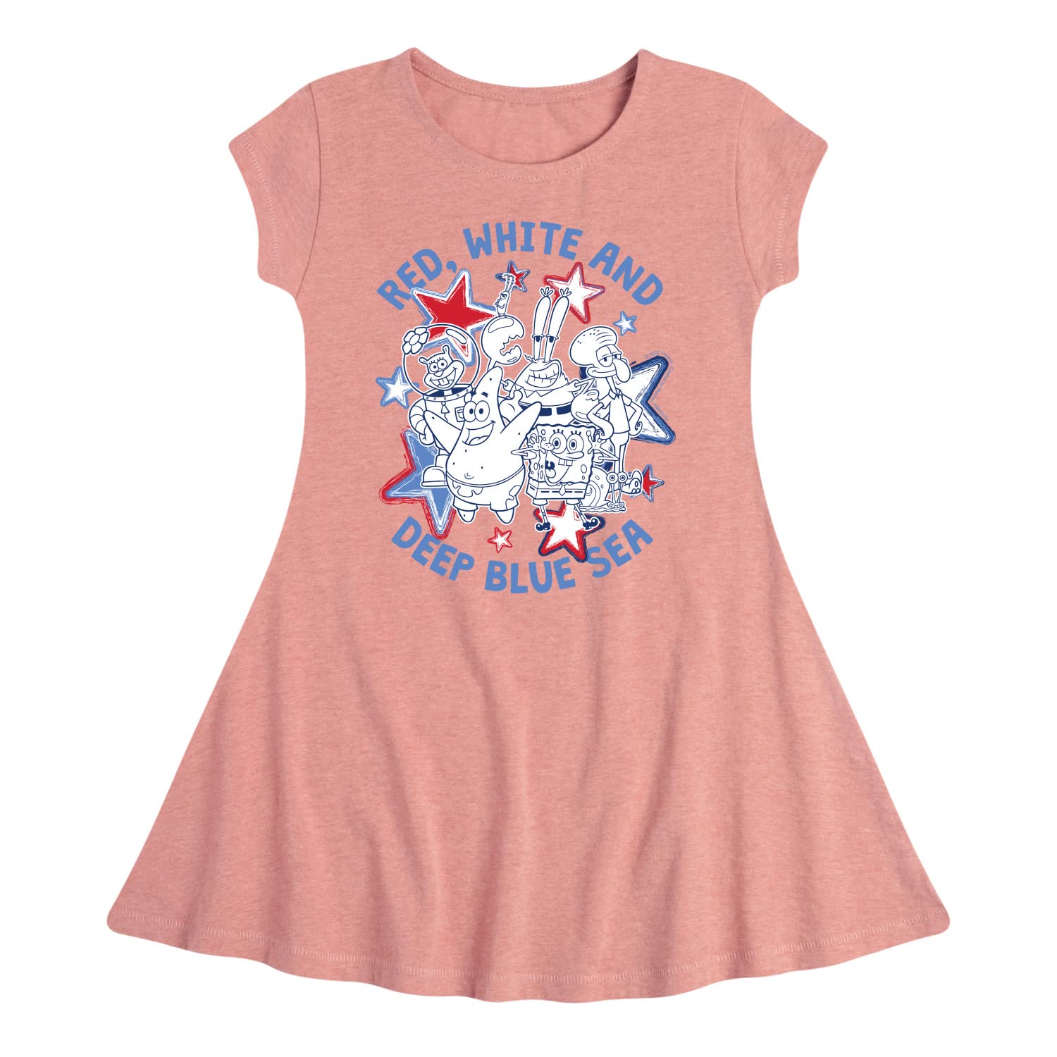 Spongebob Squarepants Red White & Deep Blue Sea Fit & Flare Dress for Toddler & Youth Girls - Cute Cartoon Character Outfit for Playdates, Birthday Parties & Themed Events