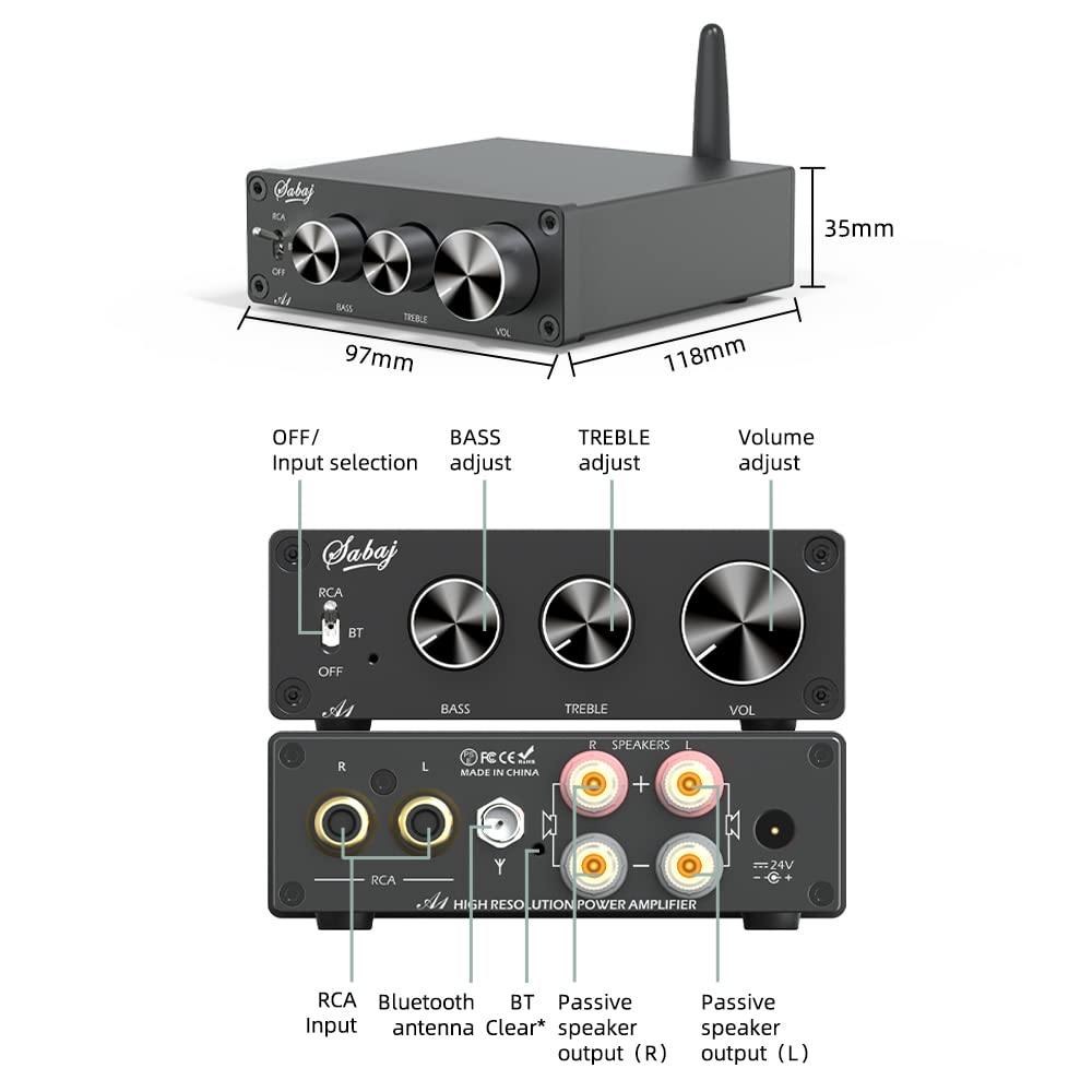 SABAJ A1 Bluetooth 5.0 Digital Amplifier - 80W x 2 HiFi Stereo Receiver with MA12070 Chip, Class D 2.0 Channel Audio AMP for Home Theater & Bookshelf Speakers - Bass & Treble Control Knobs for Perfect Sound Tuning