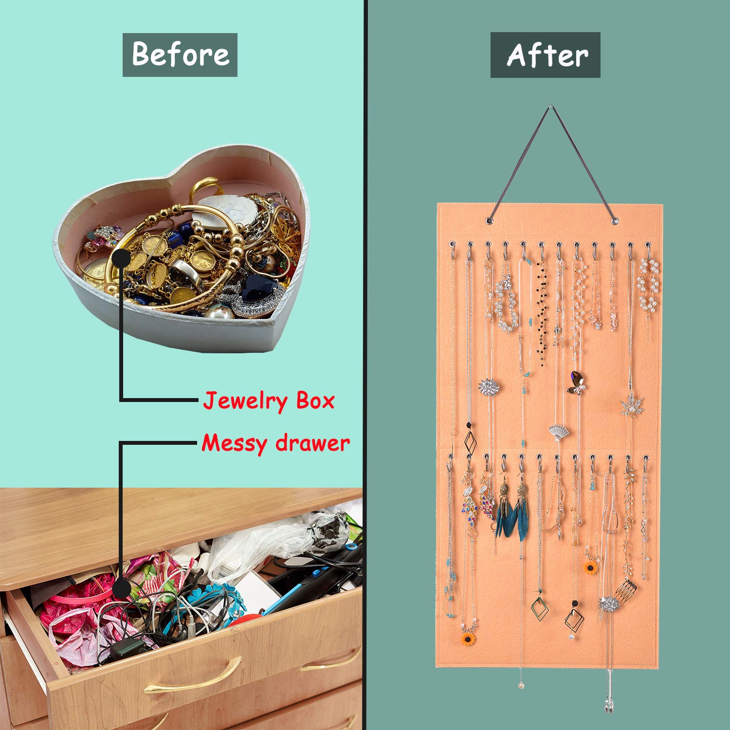 Large Hanging Jewelry Organizer - Beige Necklace & Bracelet Holder for Earrings, Chains & Anklets | Wall-Mounted Jewelry Storage Solution for Bedroom, Closet & Travel