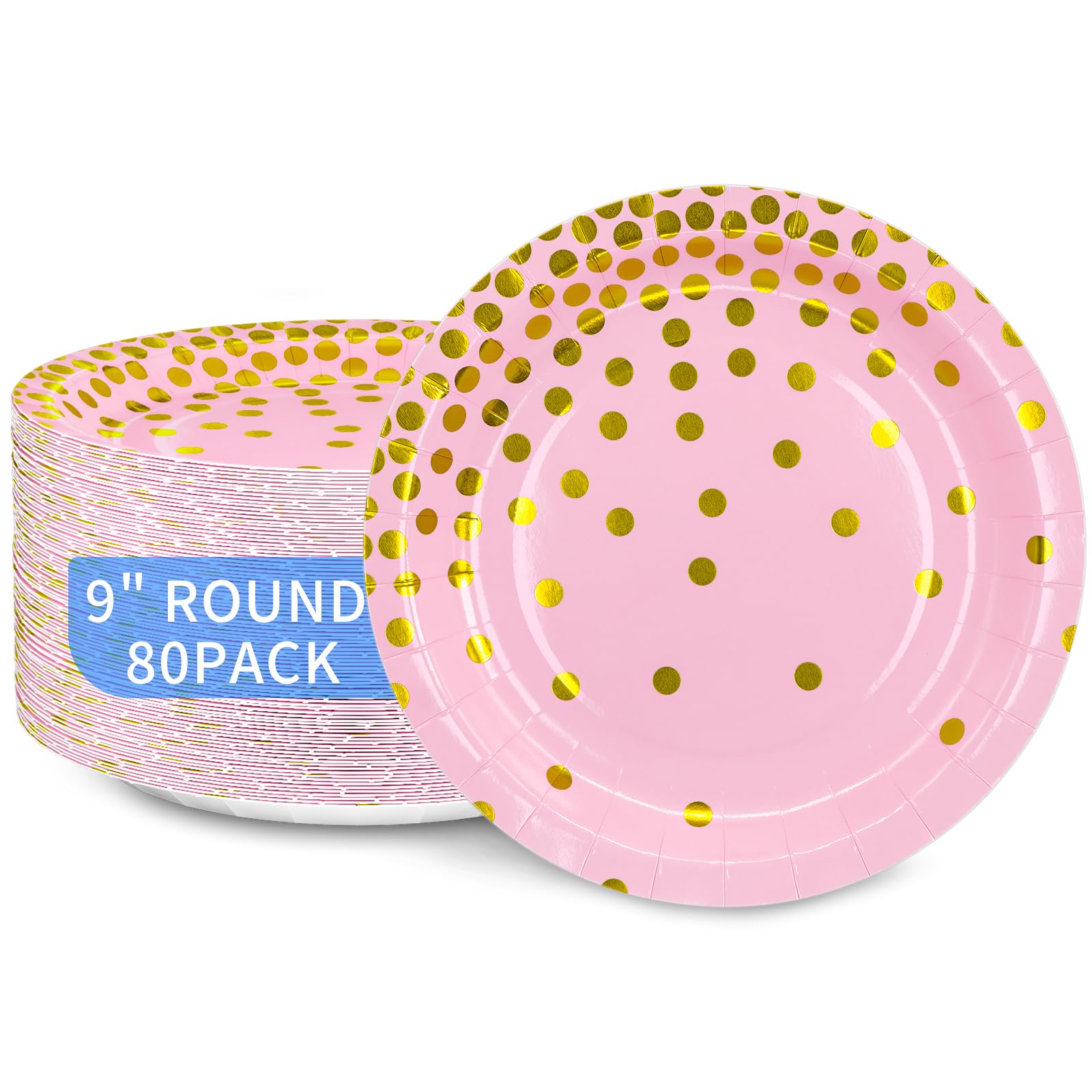 DYLIVeS 80 Count Pink and Gold 9 Inch Disposable Paper Plates - Metallic Foil Polka Dot Design for Desserts, Cocktails & Party Decorations | Perfect for Birthday, Bridal Shower, Easter, Graduation & Special Events