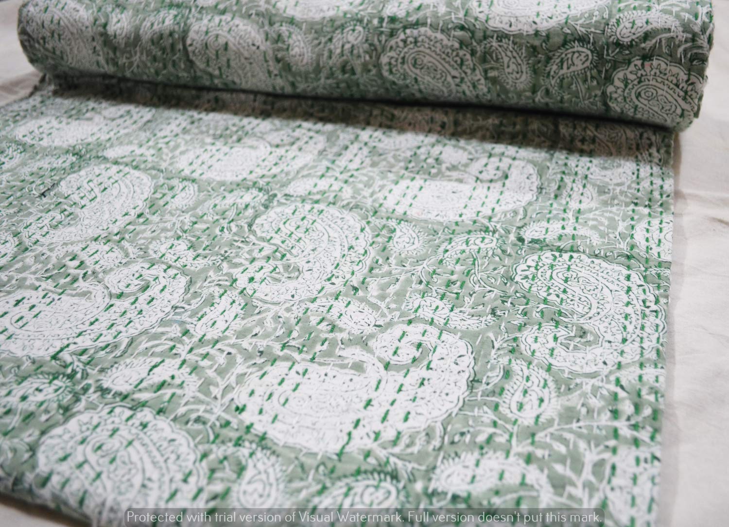 Ethnicfashville Kantha Quilt Queen Size - Handmade Block Print Bedspread & Throw Blanket for Bedroom Decor | Boho Chic Home Accent, Cozy Living Room Throw, Guest Bedding