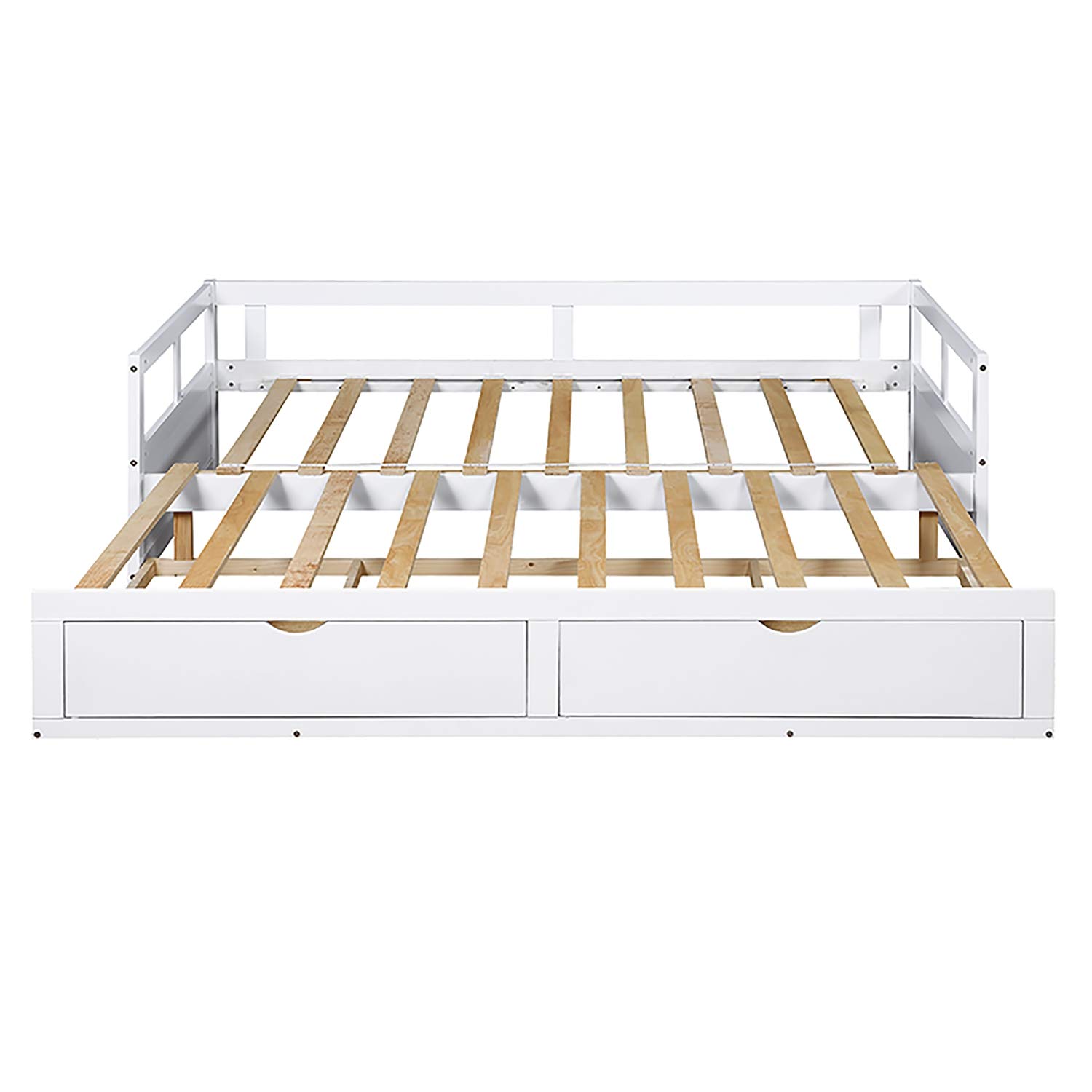 Extendable Wooden Daybed Frame - Converts from Twin to King Size with Trundle Bed & 2 Storage Drawers | Multi-Functional Sofa Bed for Bedroom, Living Room & Guest Room (White) - Perfect for Small Spaces, Sleepovers & Extra Storage