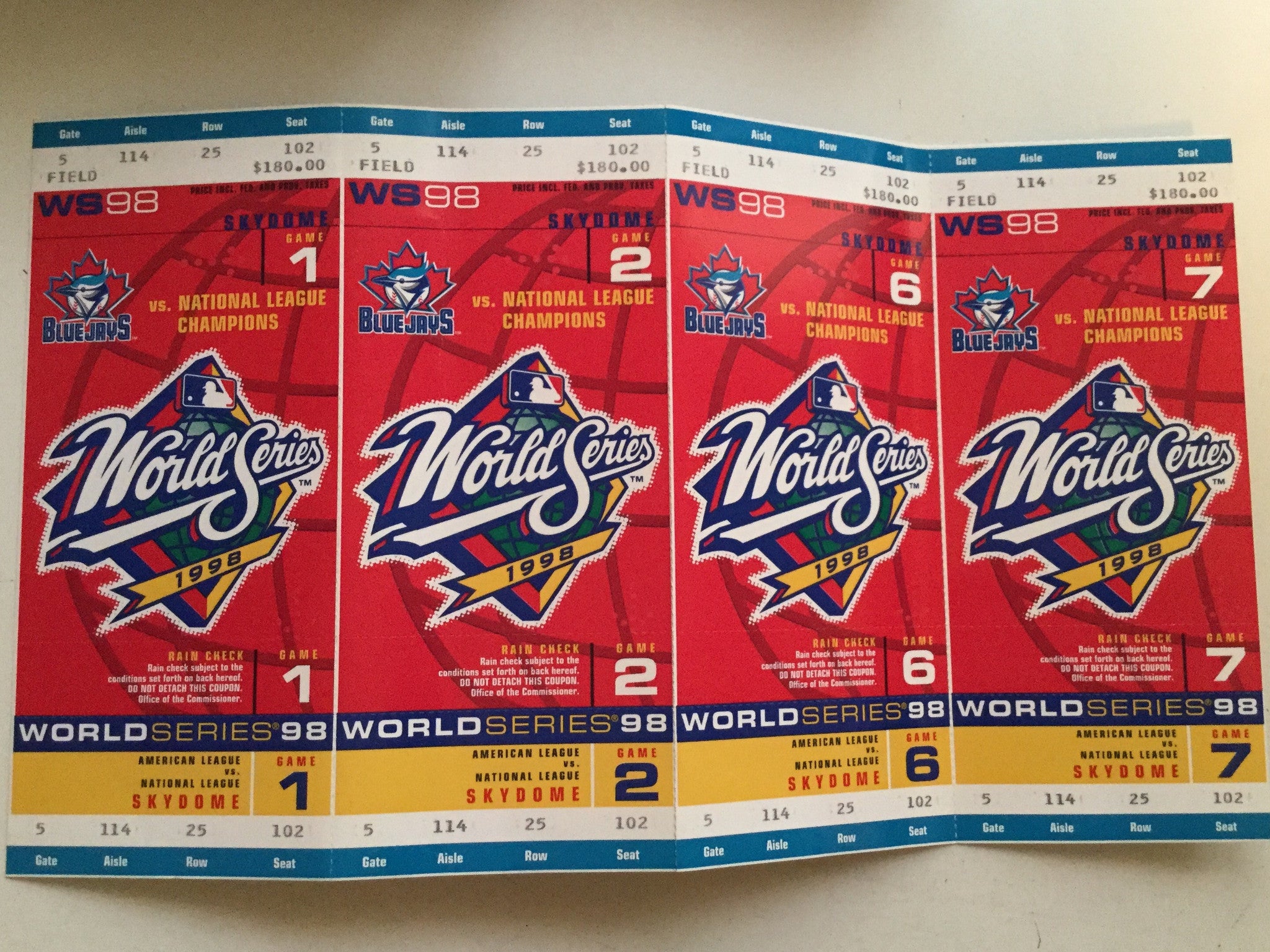 1998 Toronto Blue Jays World Series Baseball Tickets - Collectible Memorabilia for Sports Fans & MLB Enthusiasts | Perfect for Framing, Display, or Gift Giving