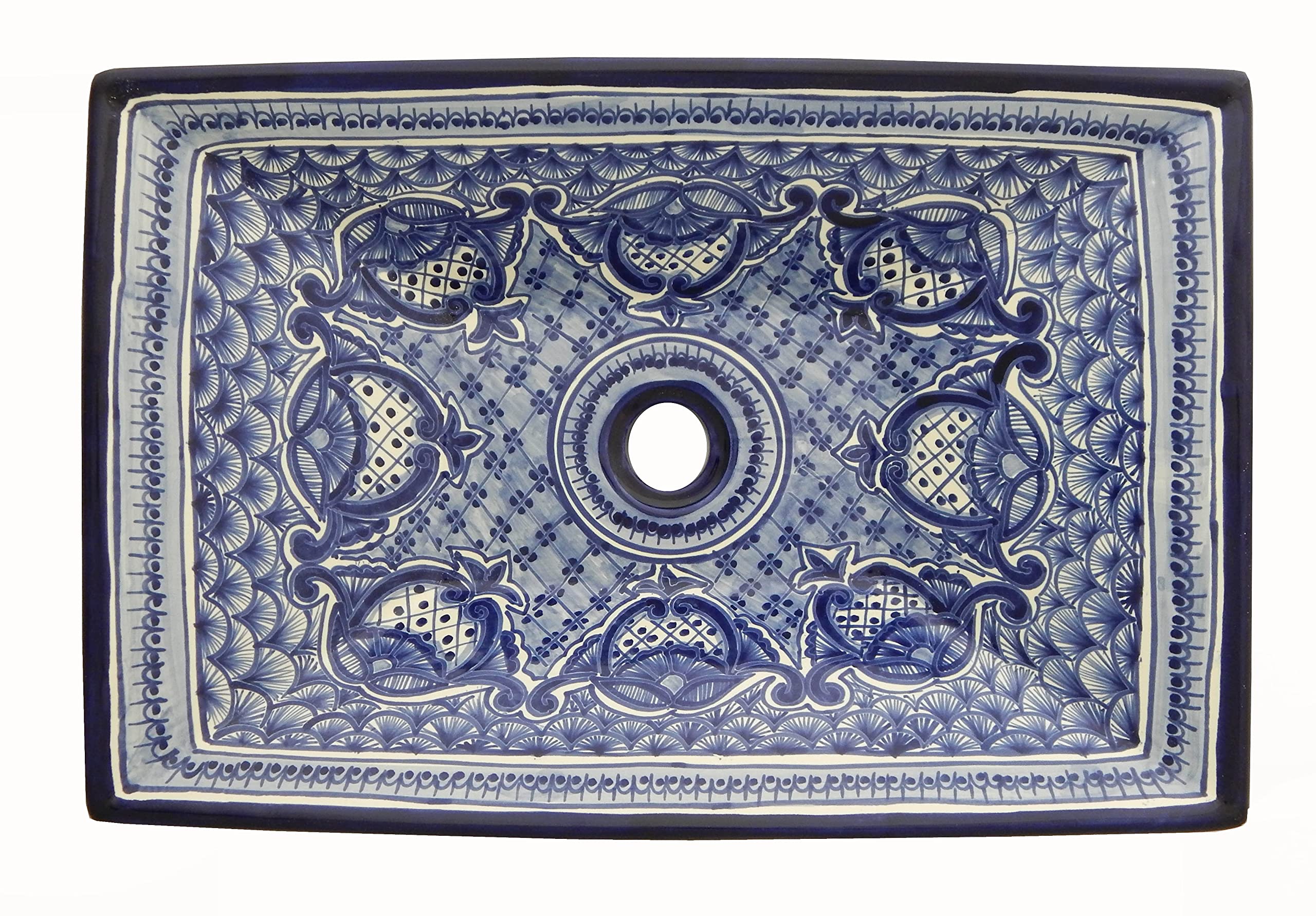 Blue and White Ceramic Rectangular Vessel Sink - Mexican Handcrafted Bathroom Basin for Modern & Farmhouse Decor | Perfect for Powder Rooms, Guest Baths, and Vanity Makeovers