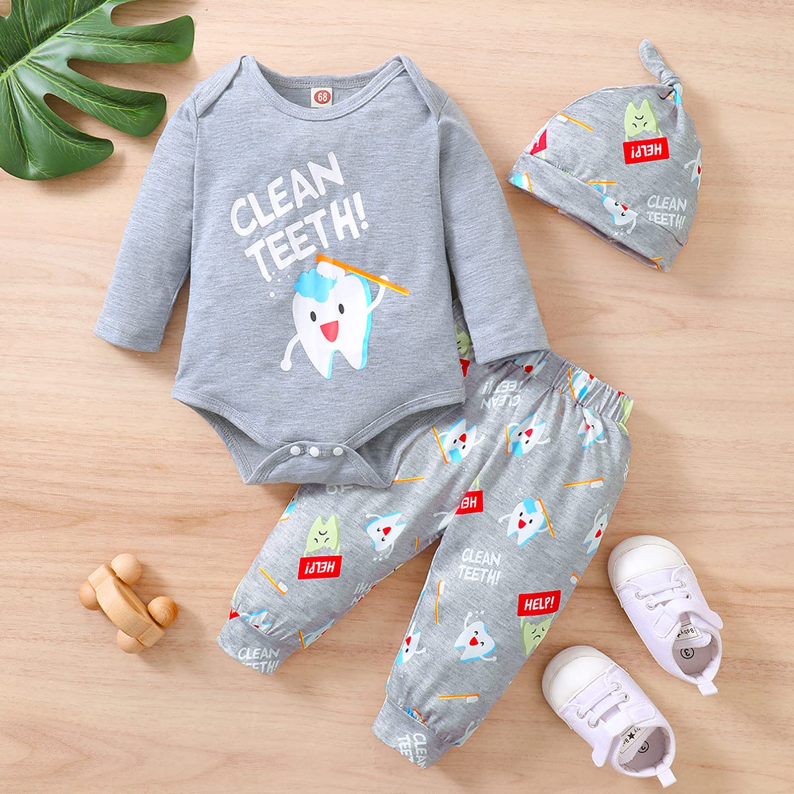 Adorable Baby Romper Set with Teeth Print - Long Sleeve Outfit & Hat for Boys Girls (3-Piece) | Soft Infant Clothes for Playtime, Photo Shoots & Daily Wear