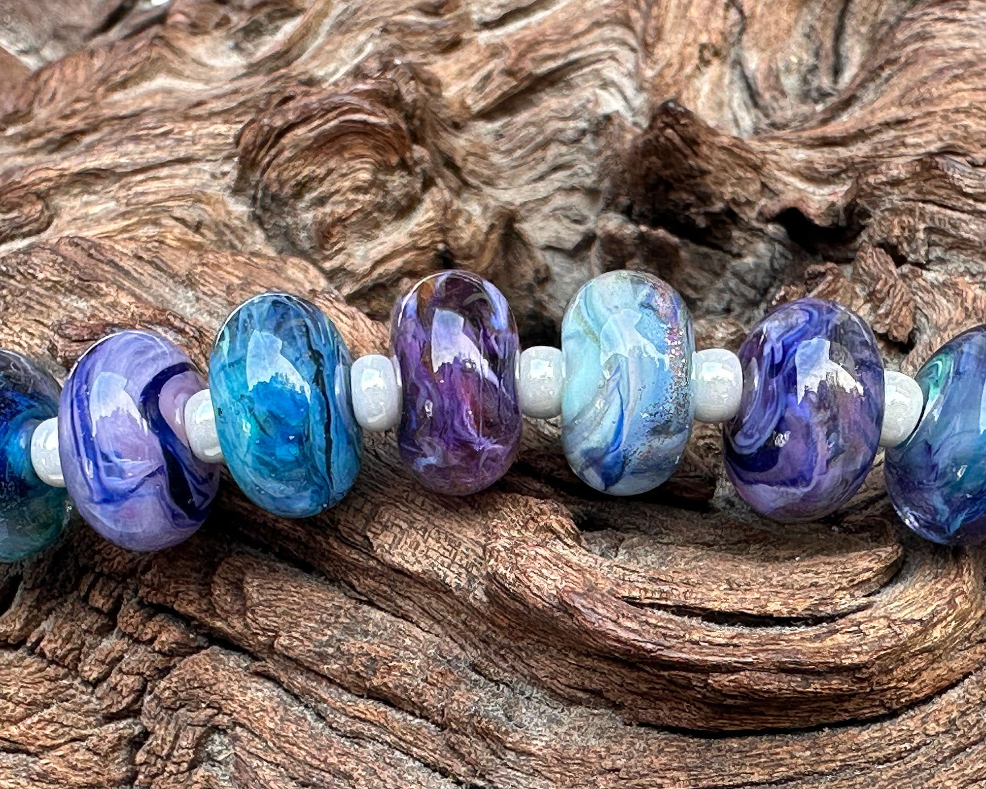 14 Blue Purple Lampwork Glass Beads Set for Jewelry Making - Handmade SRA Beads for Necklaces, Bracelets, and DIY Crafts - Perfect for Bohemian Style Accessories