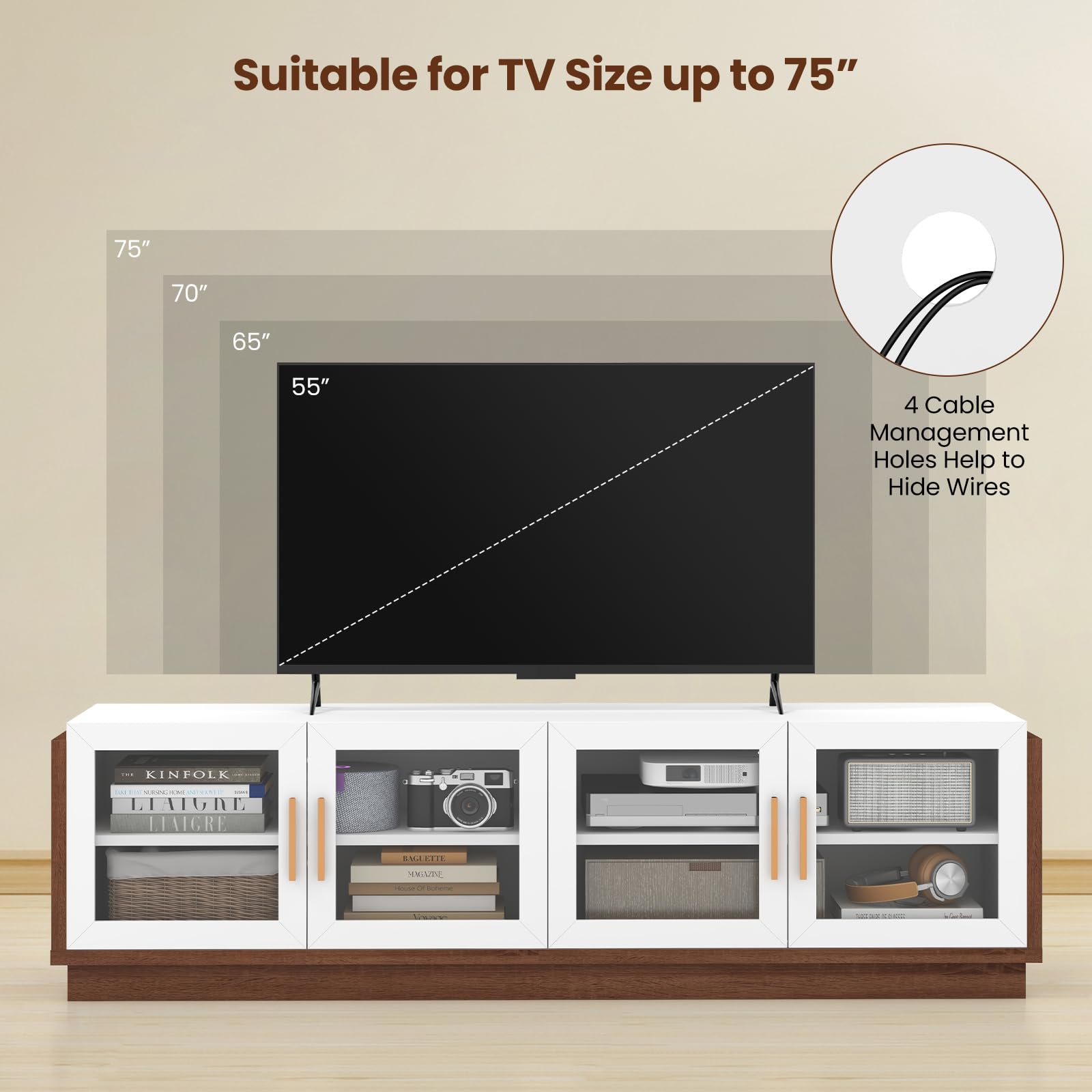Giantex 75 Inch TV Stand with 4 Tempered Glass Doors & 2 Adjustable Shelves - Large Entertainment Center with 4 Cable Holes, Media Console (70