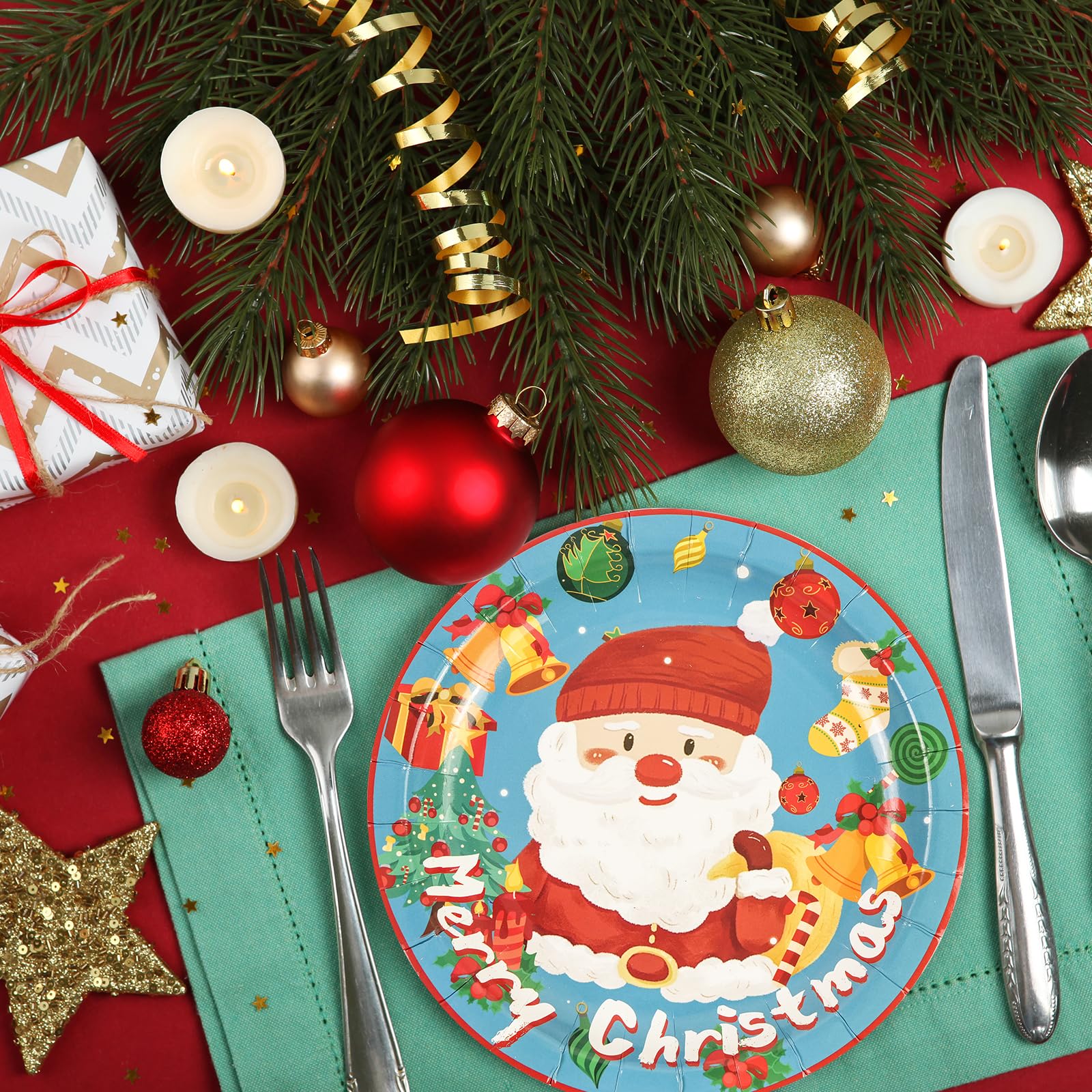 50PCS Blue Christmas Paper Plates 7Inch - Disposable Party Supplies for Holiday Birthday Wedding