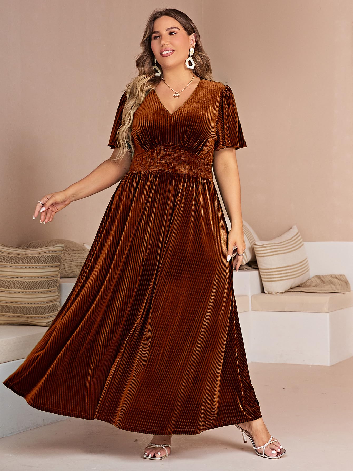 Simplee Women’s V Neck Velvet Maxi Dress - Short Sleeve Empire Waist Formal Gown for Wedding Guest, Party, Evening Events & Special Occasions