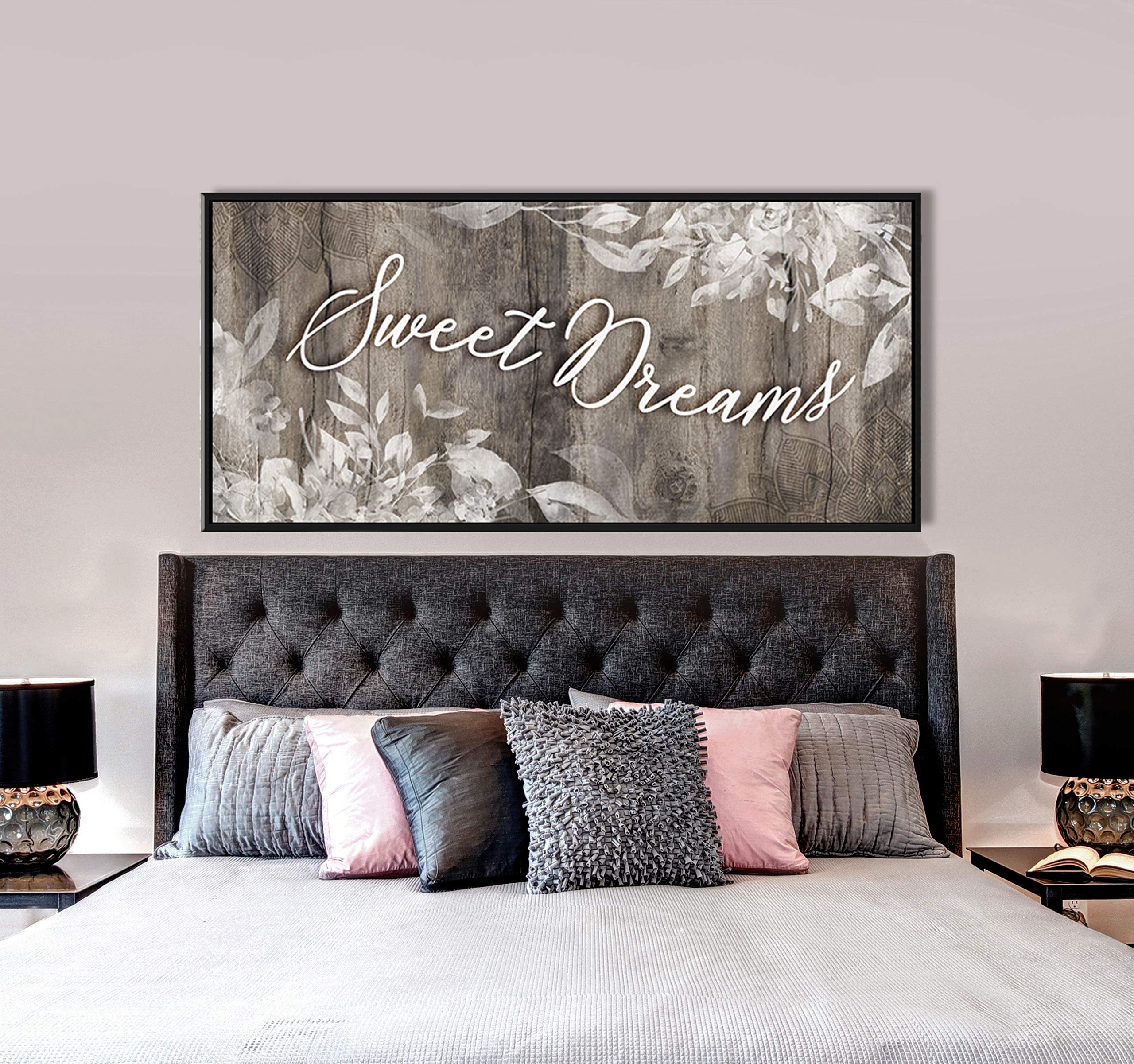 Sweet Dreams Sign - Large Canvas Wall Art for Master Bedroom Decor with Floating Frame (42x19, Brown & Black) | Perfect Above Bed Wall Decor & Bedroom Signs for Cozy & Romantic Ambiance