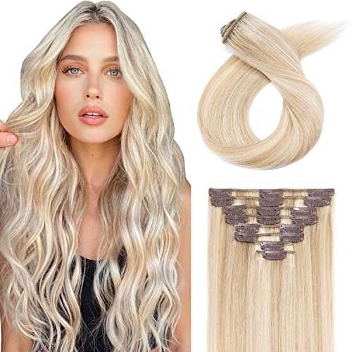 20 Inch Clip-in Human Hair Extensions - 8pc Thin Standard Weft, Silky Straight Highlighted Balayage Hairpieces for Women (#18P613 Ash Blonde Mix Bleach Blonde) - Perfect for Volume, Length & Styling for Parties, Weddings & Daily Wear