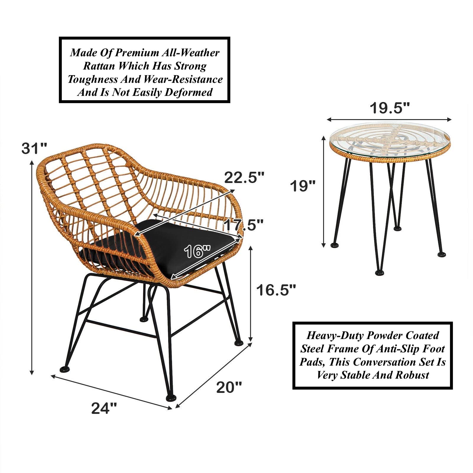 3-Piece Black Patio Rattan Bistro Set - Outdoor Conversation Furniture with Tempered Glass Tabletop, Heavy-Duty Steel Frame & Sponge-Padded Cushions - Ergonomic Wide Backrest & Curved Armrest Design - Perfect for Garden, Balcony, and Poolside Relaxation