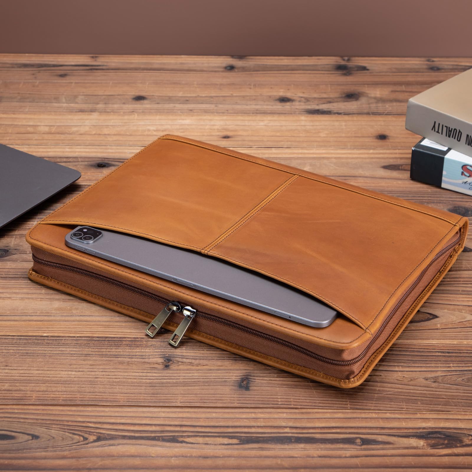 Premium Genuine Leather Portfolio with Zippered Front Pocket - Professional 8.5