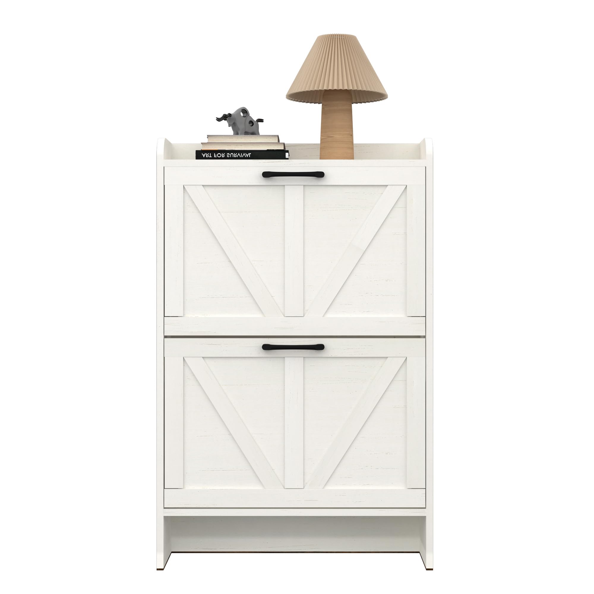2-Tier Flip Drawer Shoe Storage Cabinet - Freestanding Entryway Organizer with Open Shelves & Legs, Narrow Oak White Shoe Rack for Hallway, Closet & Bedroom Organization