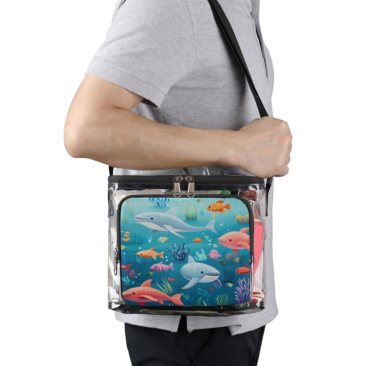 GzLeyigou Clear Transparent Underwater Animal Print Tote Bag - Whale Coral Fish Design Crossbody Shoulder Bag with Handles for Lunch, Beach, Travel, Picnic, Concerts & Sports Events | Stadium Approved Waterproof Shopping Bag for Pool, Aquarium Visits & Summer Outings