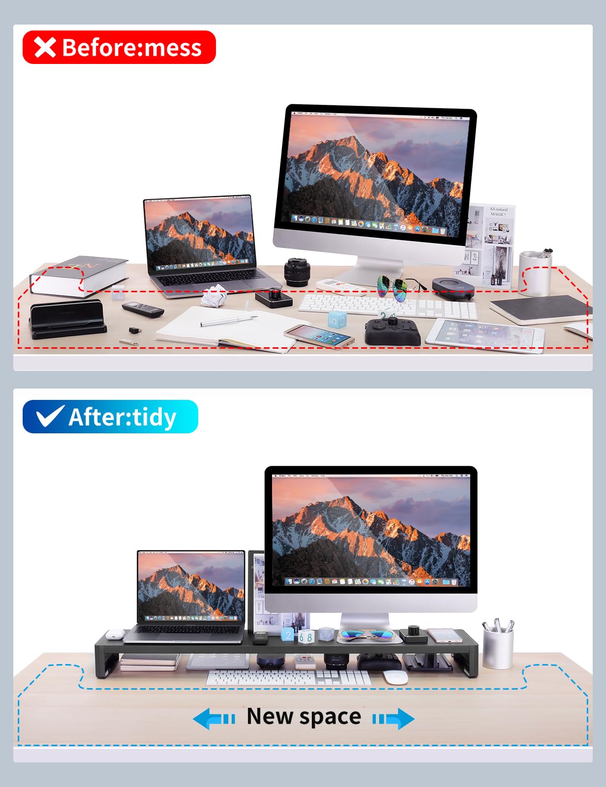VAYDEER Dual Monitor Stand Riser - Heavy Duty Aluminum Desk Mount for 2 Computer Screens, Adjustable Monitor Shelf for PC/Laptop (Black, 38.58x7.87x3.54 inch) - Perfect for Home Office, Gaming Setup & Workspace Organization