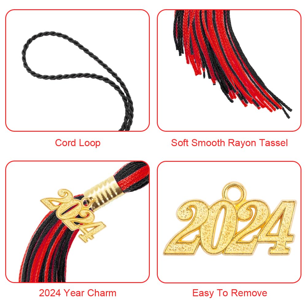 2024 Graduation Tassel Set - 2 Pack Red & Black Cap Tassels with Year Charm | Commencement Accessories for High School & College Graduation Ceremonies, Photo Props, Party Decorations