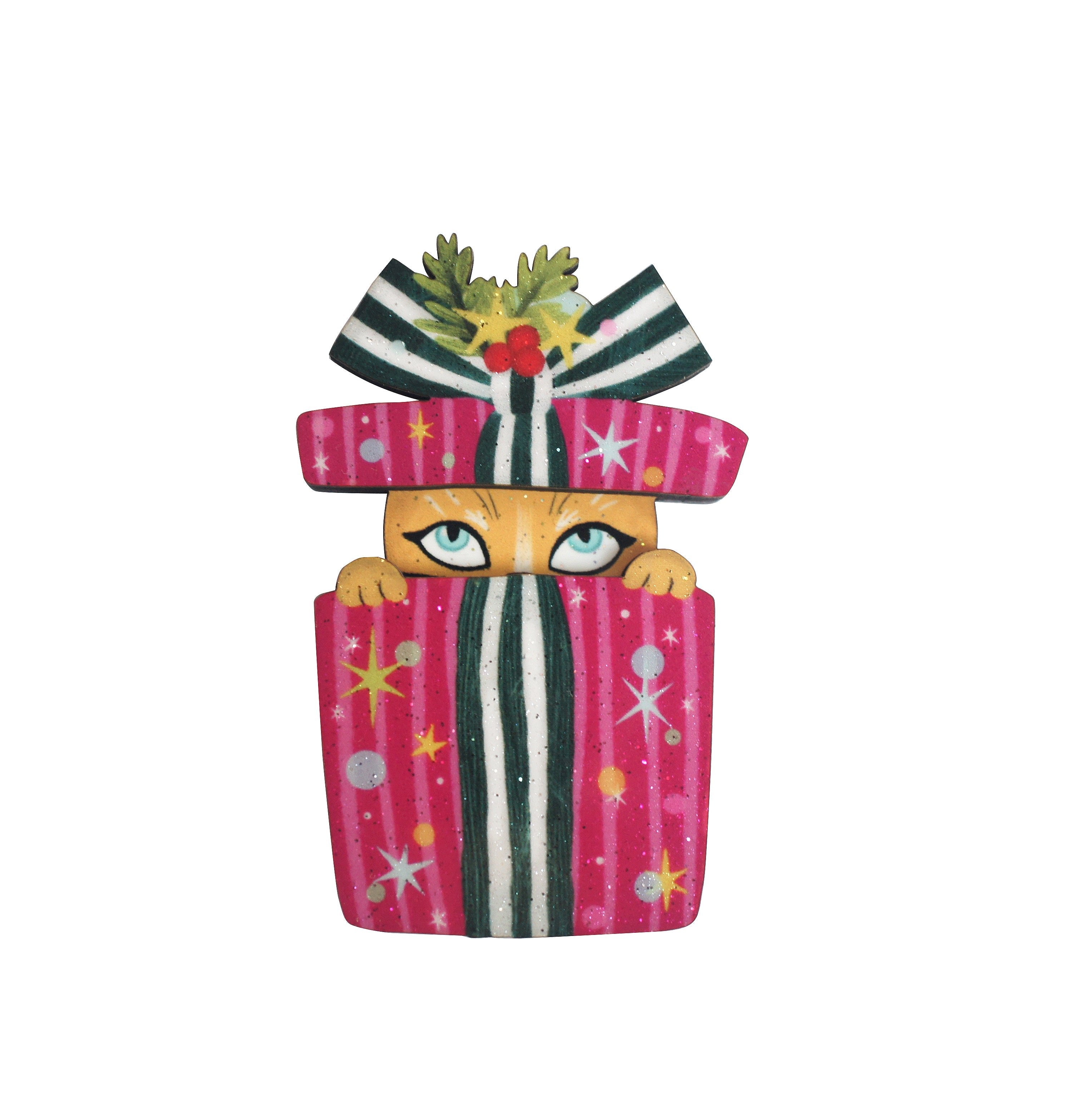 Laliblue Christmas Cat in Box Brooch - Festive Holiday Cat Pin for Women, Cute Kitty Jewelry Gift - Perfect for Christmas Parties, Office Wear & Gift Exchanges