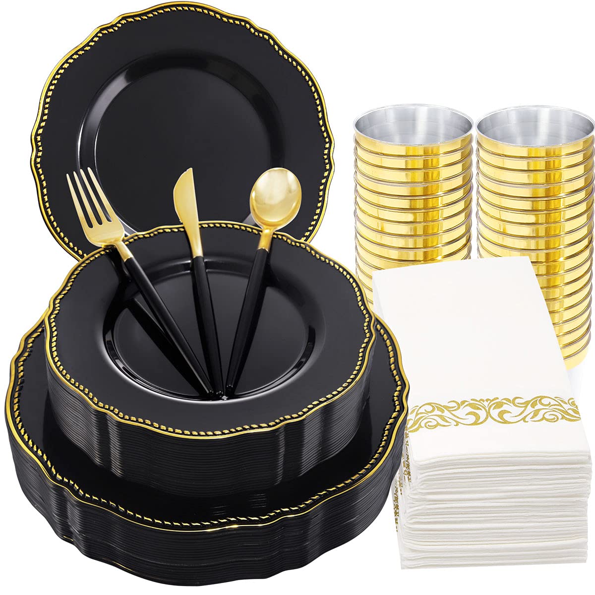 Nervure 175-Piece Black & Gold Plastic Dinnerware Set - Includes 25 Dinner Plates, 25 Dessert Plates, 25 Cups, 25 Forks, 25 Knives, 25 Spoons & 25 Napkins - Perfect for Parties, Weddings, Halloween & Outdoor Events