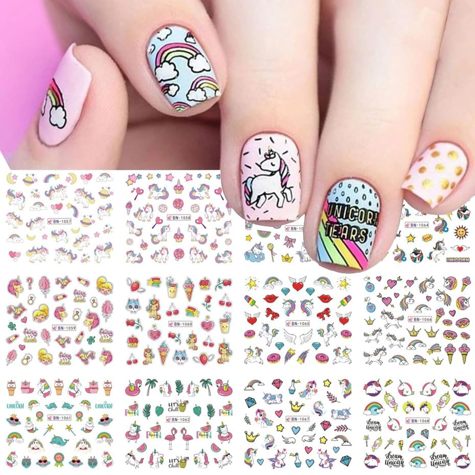 Unicorn Nail Art Stickers - 12 Sheets Water Transfer Nail Decals with Heart, Rainbow & Donut Designs - Cute Cartoon Pink Nail Decorations for Women & Girls - Perfect for Parties, Holidays & DIY Nail Art