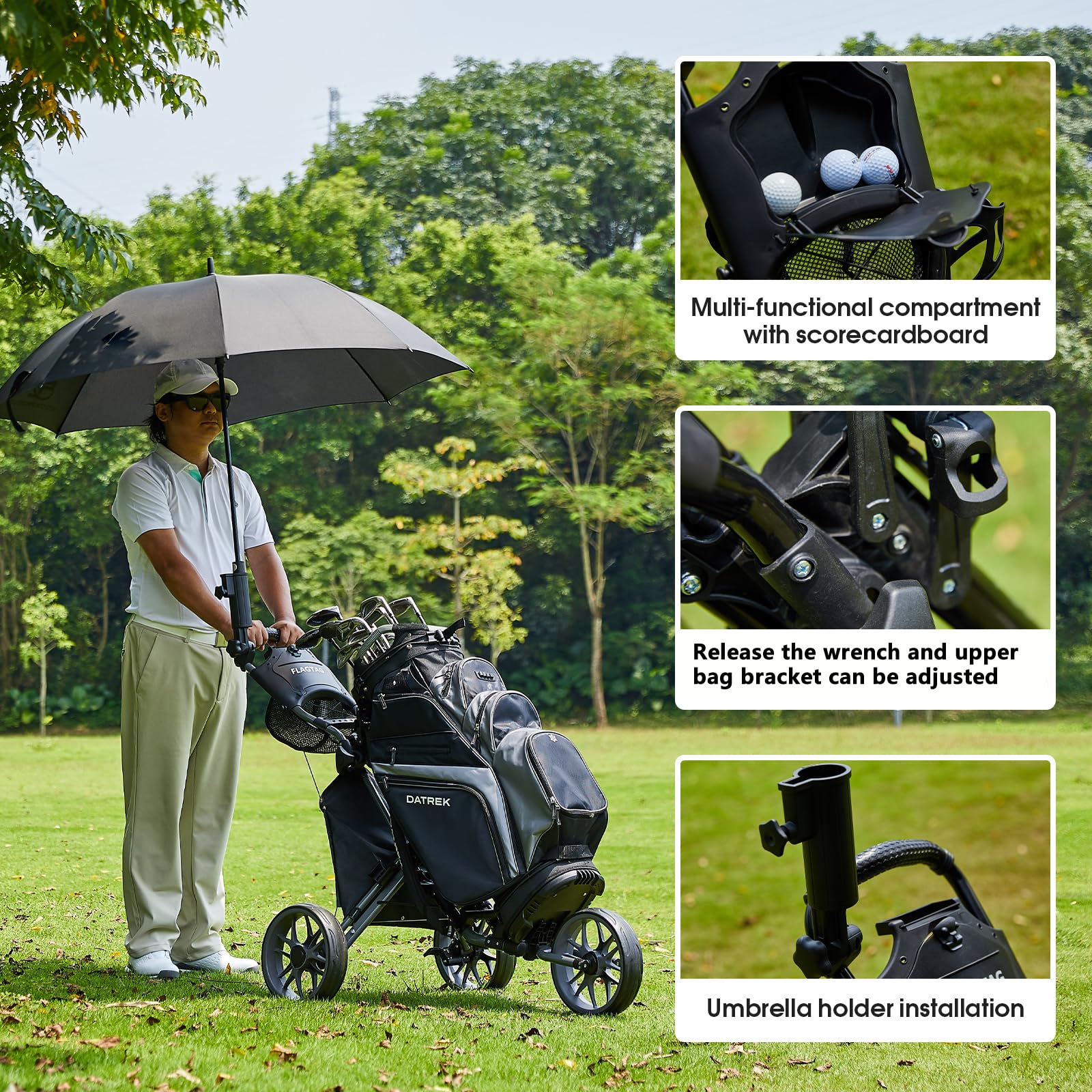 Best 3 Wheel Foldable Golf Push Cart with Foot Brake - Lightweight Golf Bag Cart with Umbrella Holder, Cup Holder & Storage Compartment - Perfect for Golf Courses, Driving Ranges & Outdoor Practice