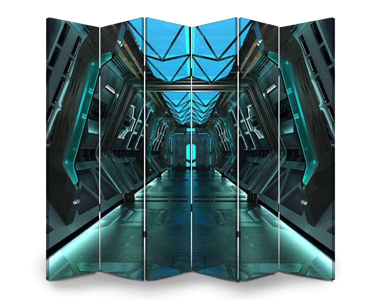 6-Panel Folding Room Divider Screen - Sci-Fi Grunge Corridor Nautical Design Privacy Partition for Indoor & Outdoor Use | Freestanding Protective Wall Separator for Home, Office, and Event Spaces