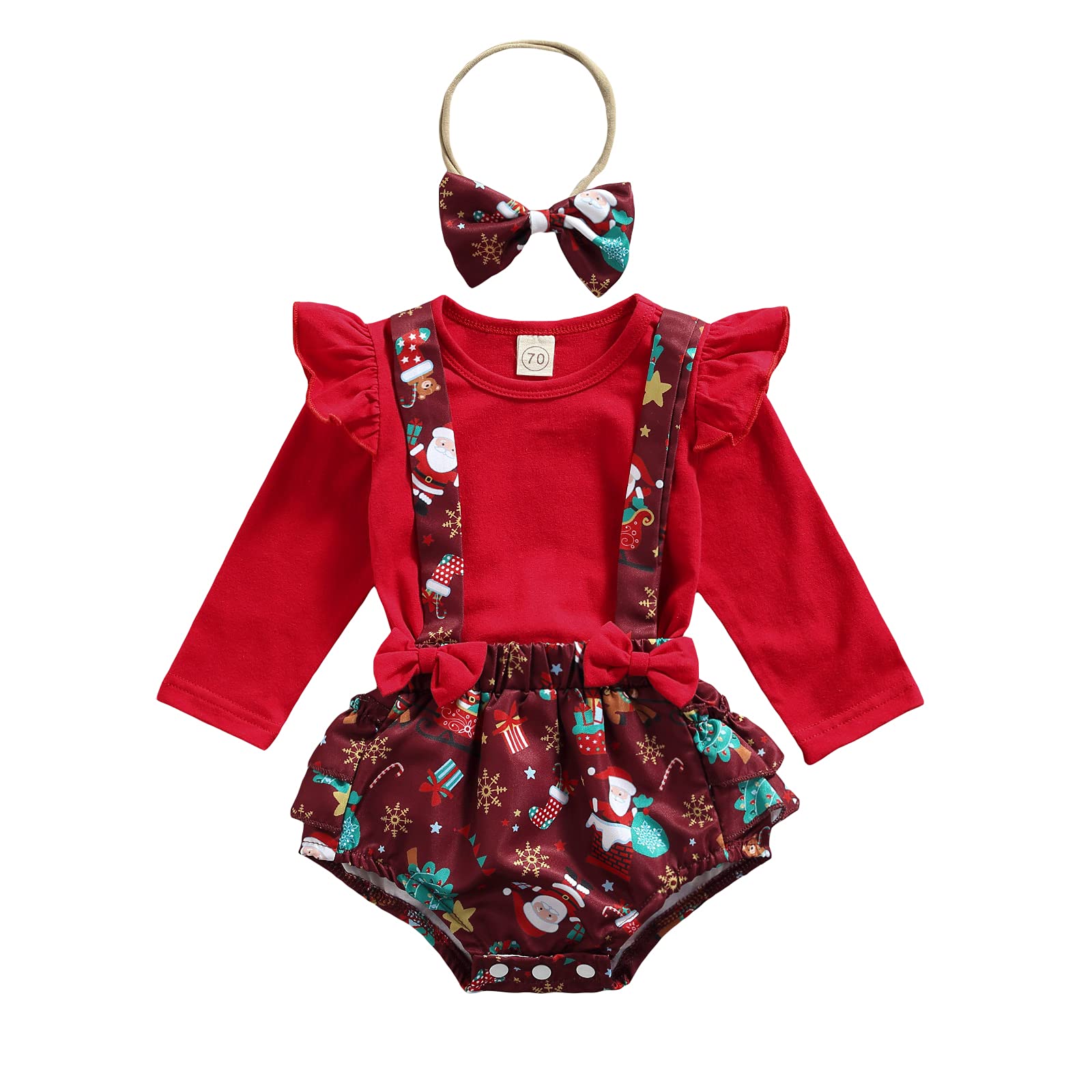 Adorable Newborn Baby Girl Christmas Outfit - Ruffled Long Sleeve Top & Buffalo Plaid Suspender Shorts Set with Headband | Perfect for Holiday Photos, Family Gatherings & Winter Festivities