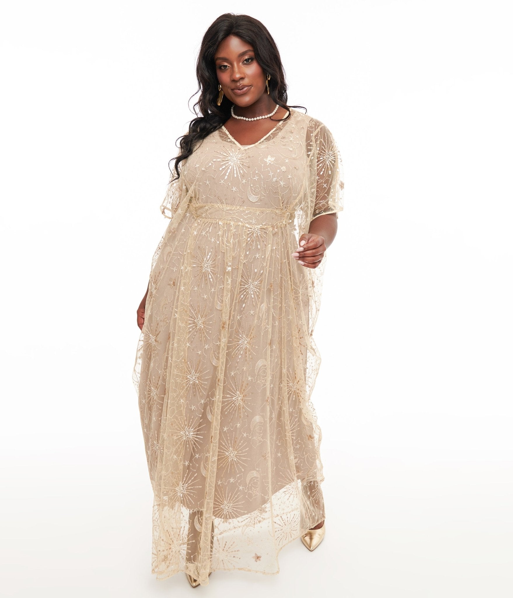 Vintage 1960s Champagne Gold Celestial Sequin Caftan Dress - Retro Glamorous Party Wear for Evening Events, Weddings & Special Occasions