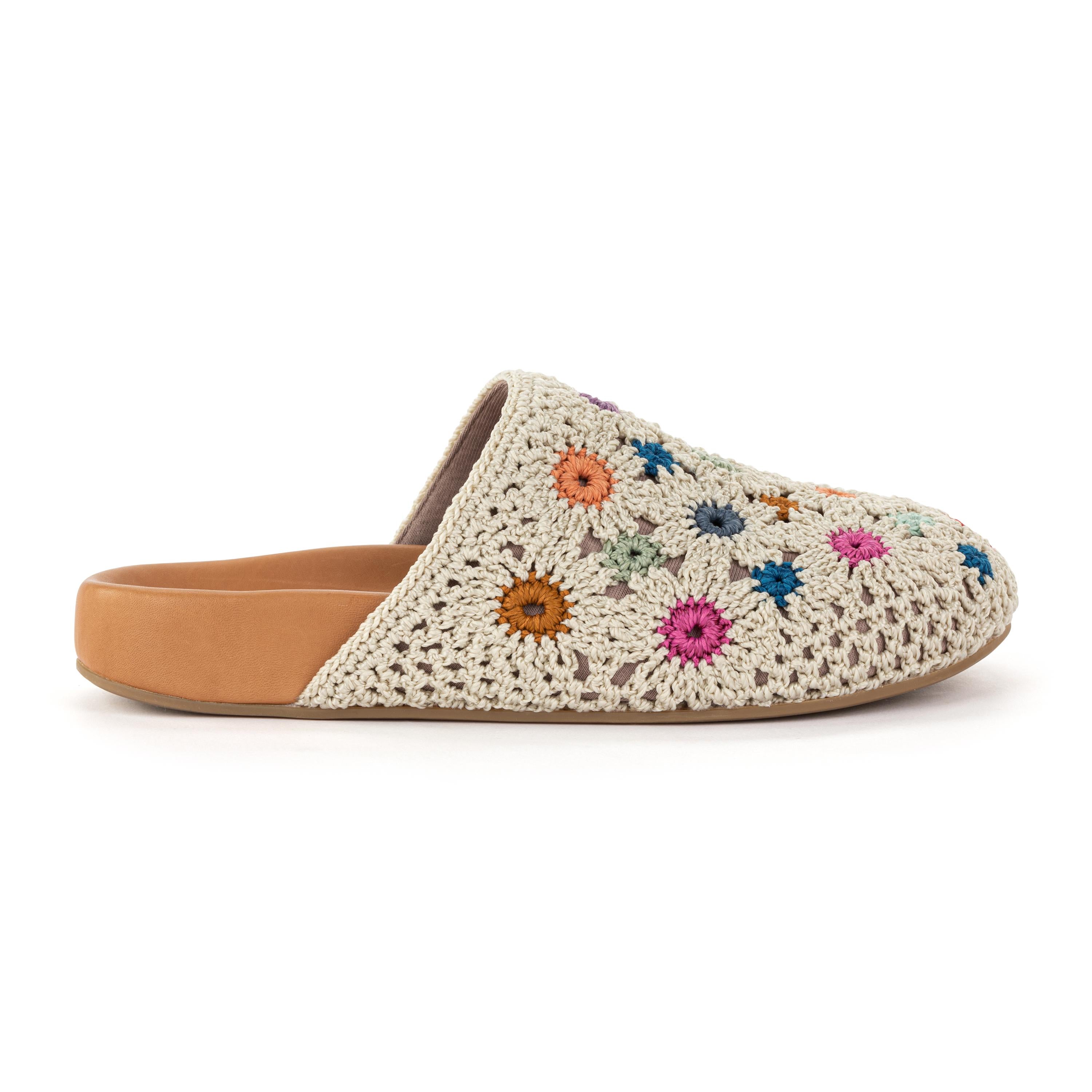 Bolinas Clog Hand Crochet Natural Multi Flowers - Comfortable Bohemian Style Summer Sandals for Women, Perfect for Beach, Garden & Casual Outings