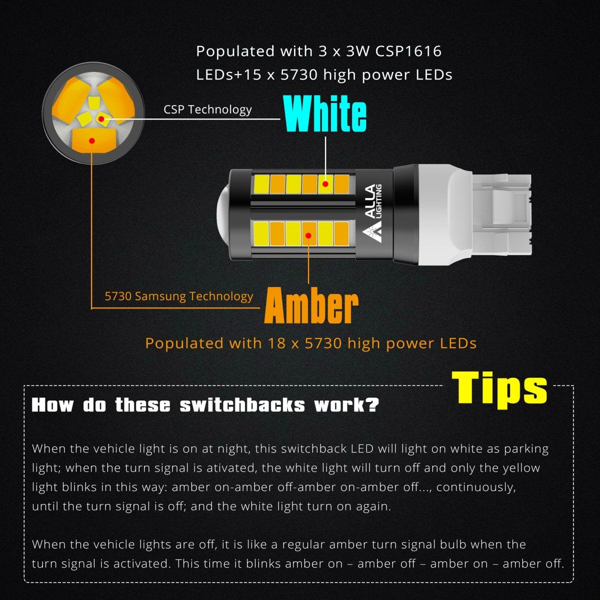 7443 Switchback LED Bulbs - Dual Color White/Amber Turn Signal Lights for Cars, Trucks & SUVs - Perfect for Daytime Running Lights & Nighttime Visibility