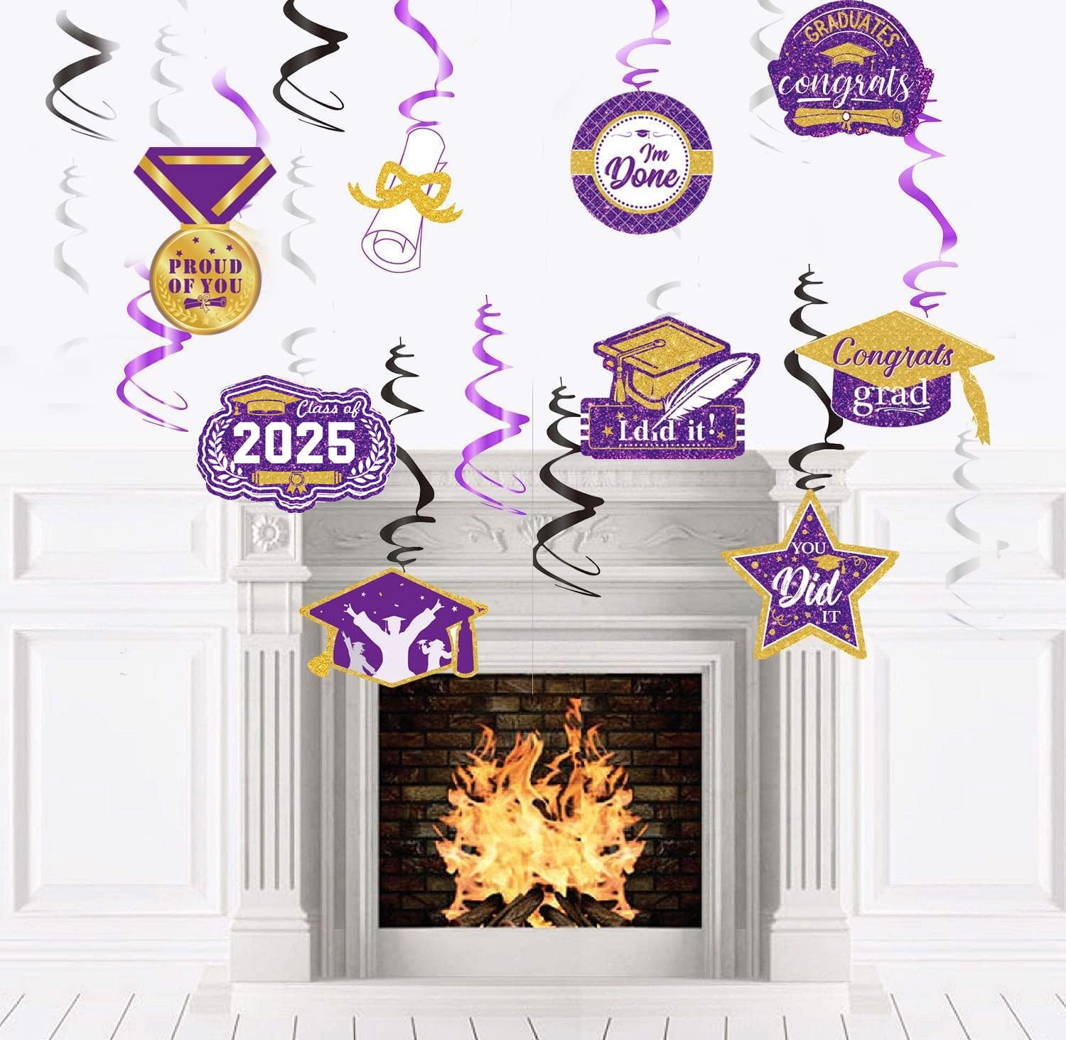 2025 Graduation Party Decorations - Purple, Black & Gold Hanging Swirls for NYU, ISU & College Graduates | Class of 2025 Graduation Decor for Dorms, Parties & Photo Backdrops