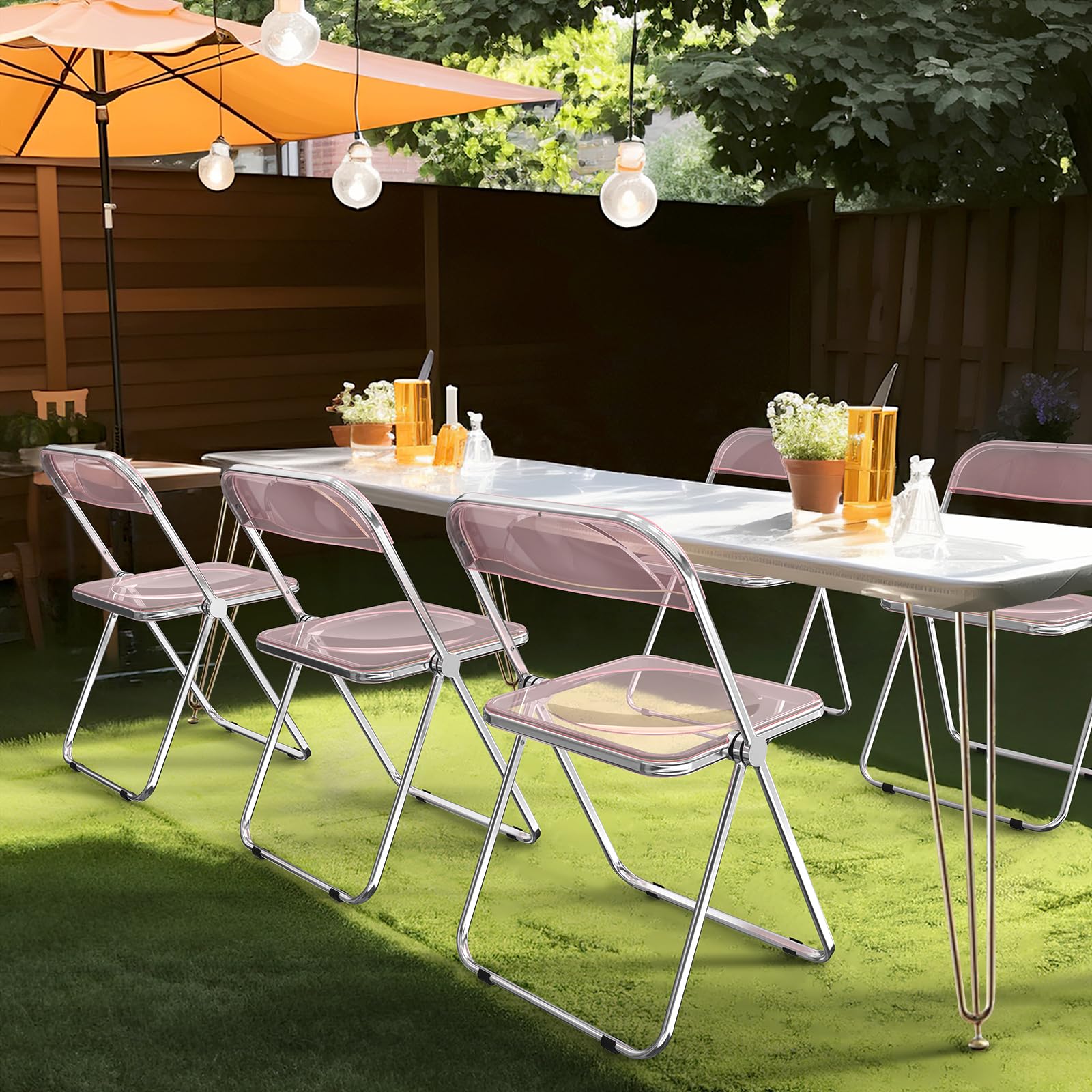 VINGLI 2 Pack Clear Acrylic Folding Chairs - Foldable Stackable Plastic Panel with Metal Chrome Frame - 350 lbs Weight Capacity - Pink - Perfect for Weddings, Parties, Events & Outdoor Gatherings