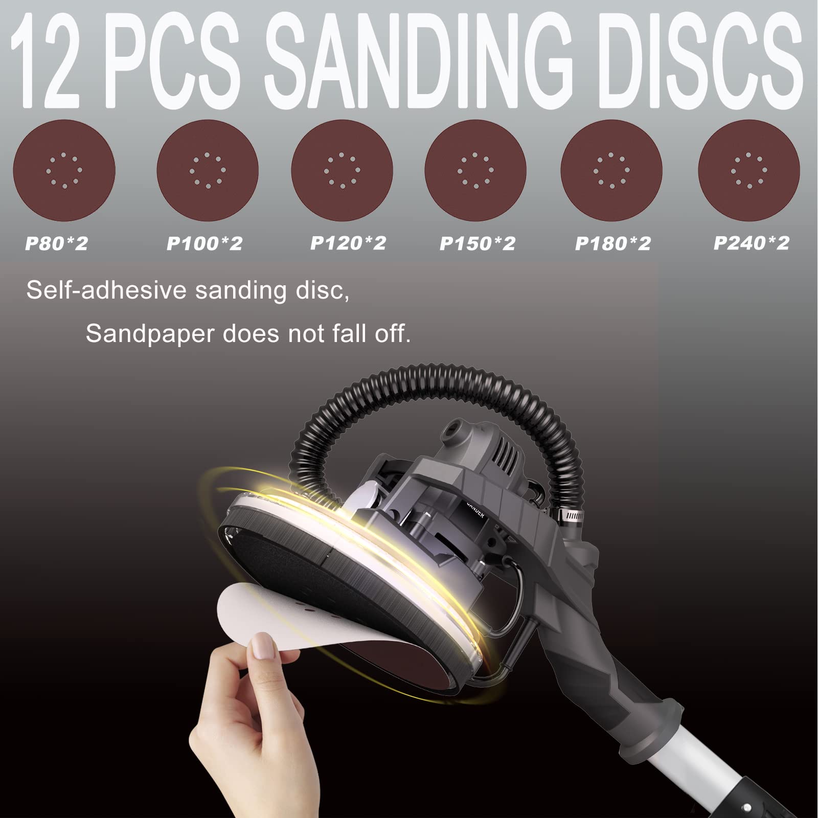 IMQUALI® 9.5A Electric Drywall Sander with Vacuum - Variable Speed 600-2600RPM, Extendable Handle, LED Light & 12 Sanding Discs - Perfect for Popcorn Ceiling Removal, Wall Smoothing & DIY Home Renovation Projects