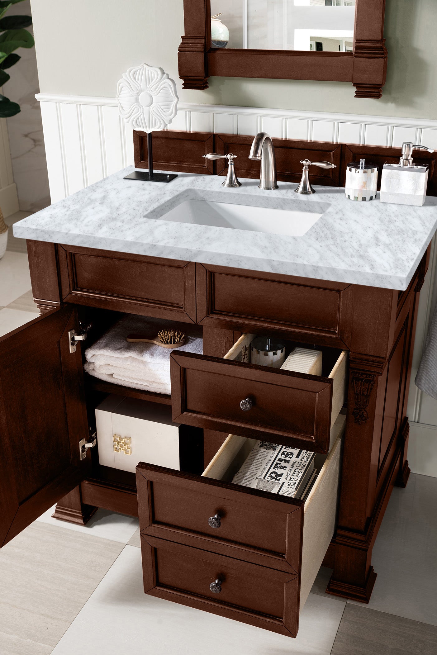 Brookfield 36 Inch Single Bathroom Vanity with Warm Cherry Finish & 3CM Carrara Marble Top – Perfect for Modern Master Bath or Guest Bathroom Remodel