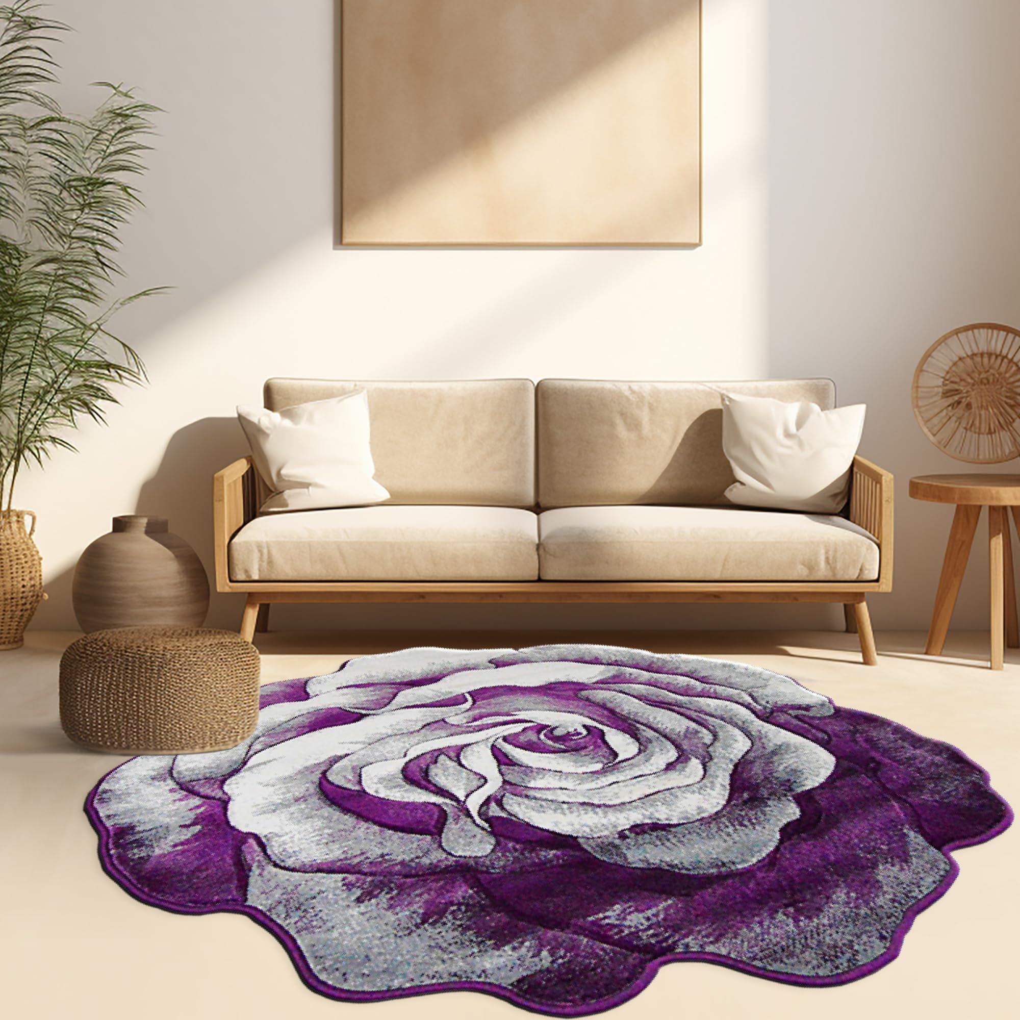 6ft Round Rose Flower Shaped Plush Area Rug - Soft Girly Circle Carpet for Bedroom, Living Room Floor Decor | Perfect for Boho Chic Home, Nursery & Dorm Room (304 Purple)