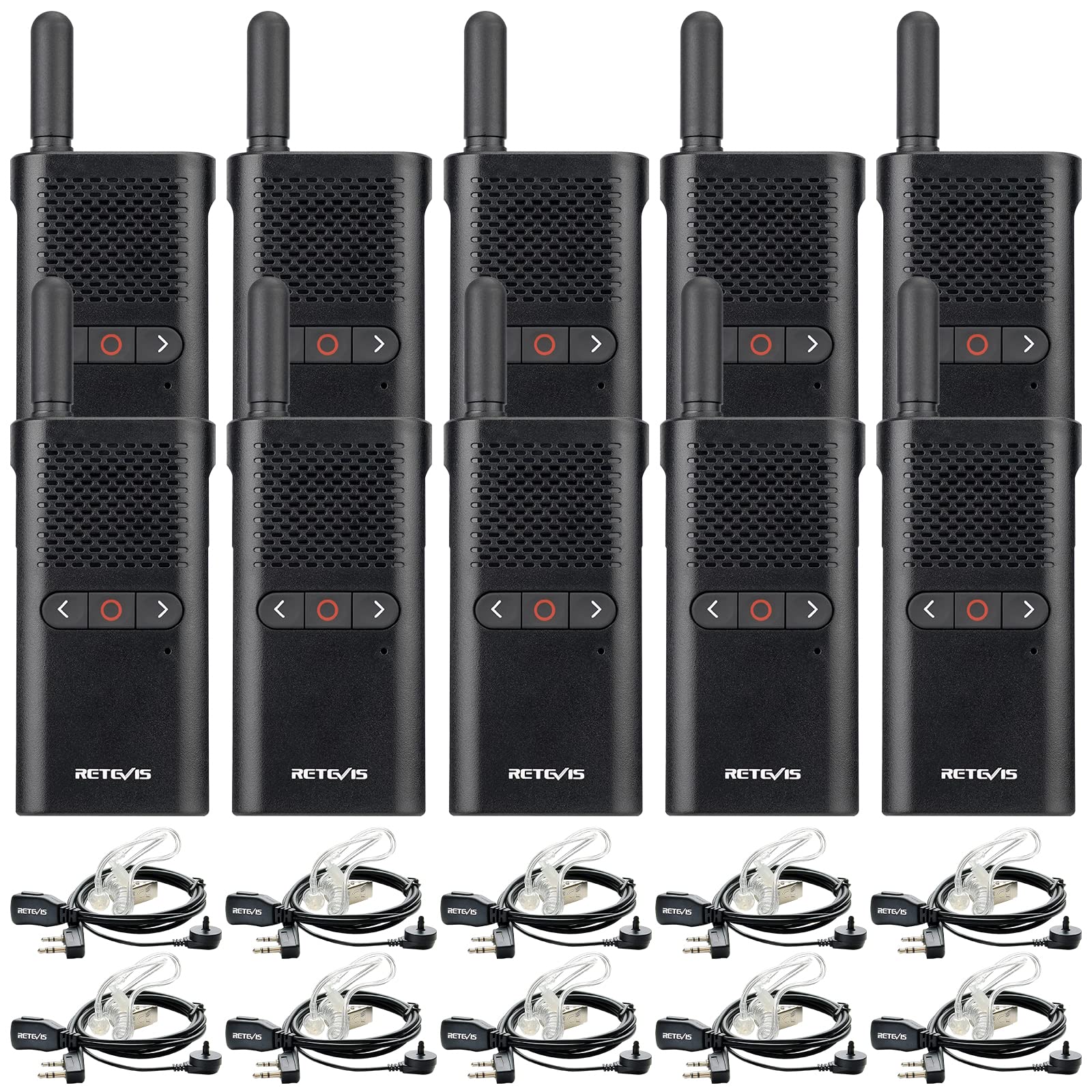 Retevis RB28B Rechargeable Walkie Talkies for Adults - 10 Pack with Earpiece, 1500mAh Battery, USB-C Charging, VOX Hands Free, Long Range 2 Way Radios - Ideal for School, Restaurant, Retail, Construction & Outdoor Activities