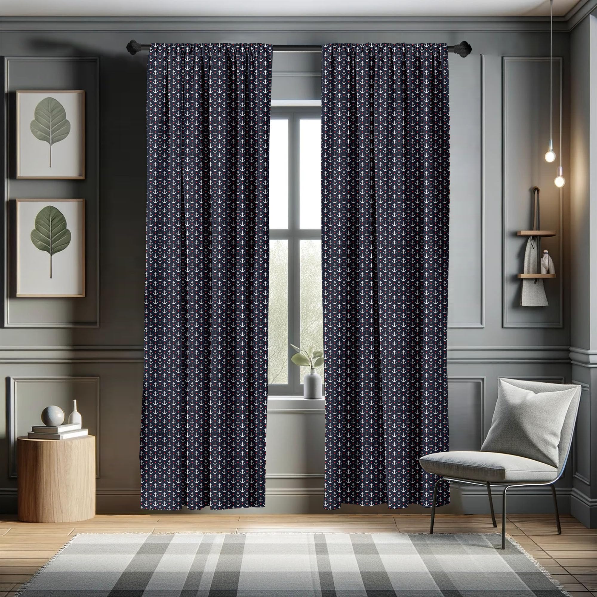 Ambesonne Nautical Anchor Window Curtains - Black White Red Striped Design with Small Anchors & Hearts, Lightweight Rod Pocket Drapes 28