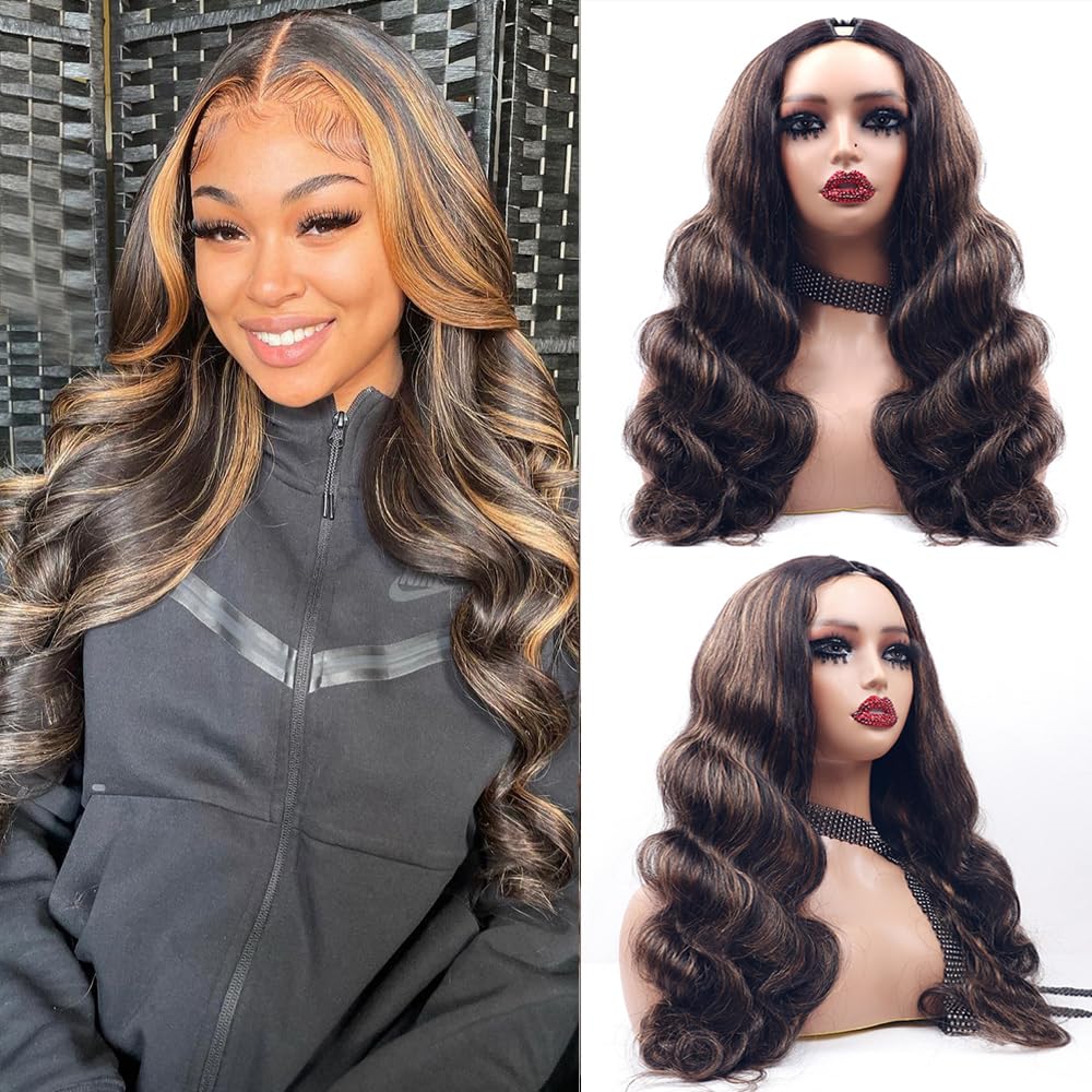 Xagujpo 26inch Body Wave V Part Human Hair Wig - No Sew #FB30 Ombre Brown U Part Wig with 180% Density - Highlighted Human Hair Wigs for Women | Perfect for Daily Wear, Parties & Special Occasions
