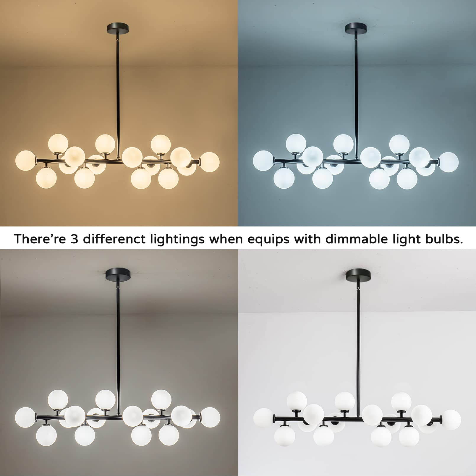 Mid Century Modern 16-Light Black Linear Chandelier - Elegant Pendant Lighting Fixture for Dining Room & Kitchen | Perfect for Contemporary Home Decor & Open Concept Spaces